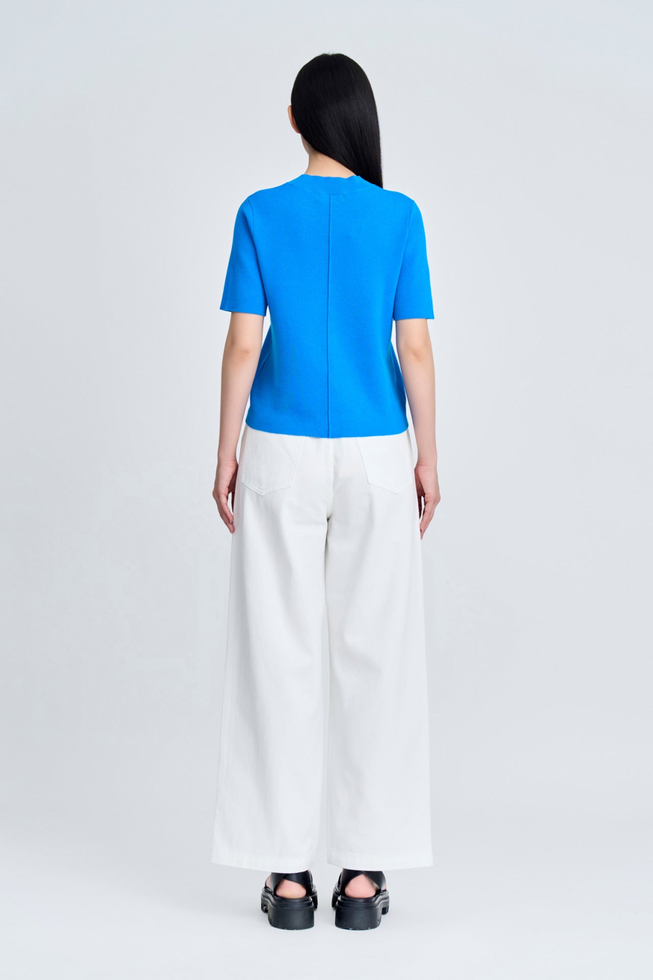 Knitted Ribbed Collar Top - Deep Sky