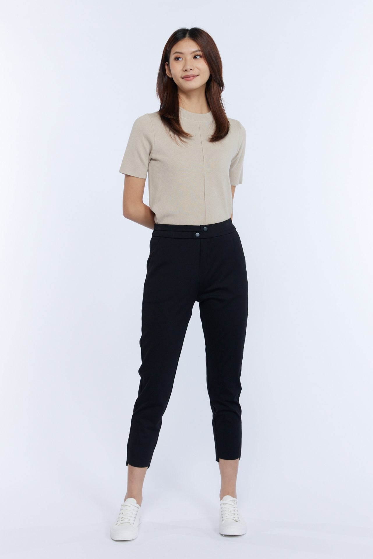Knitted Ribbed Collar Top - Khaki