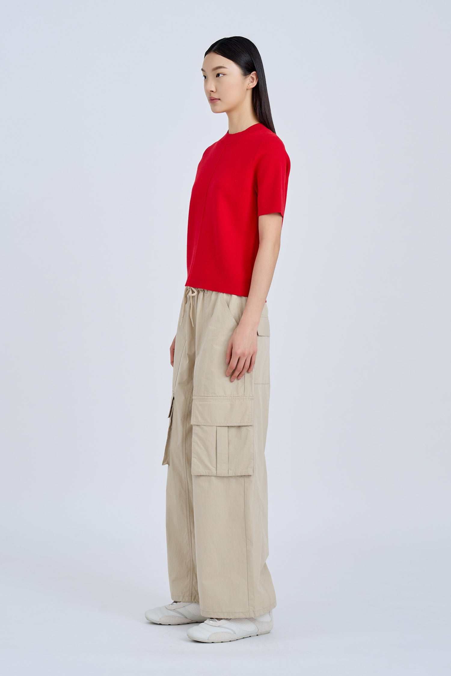 Knitted Ribbed Collar Top - Red