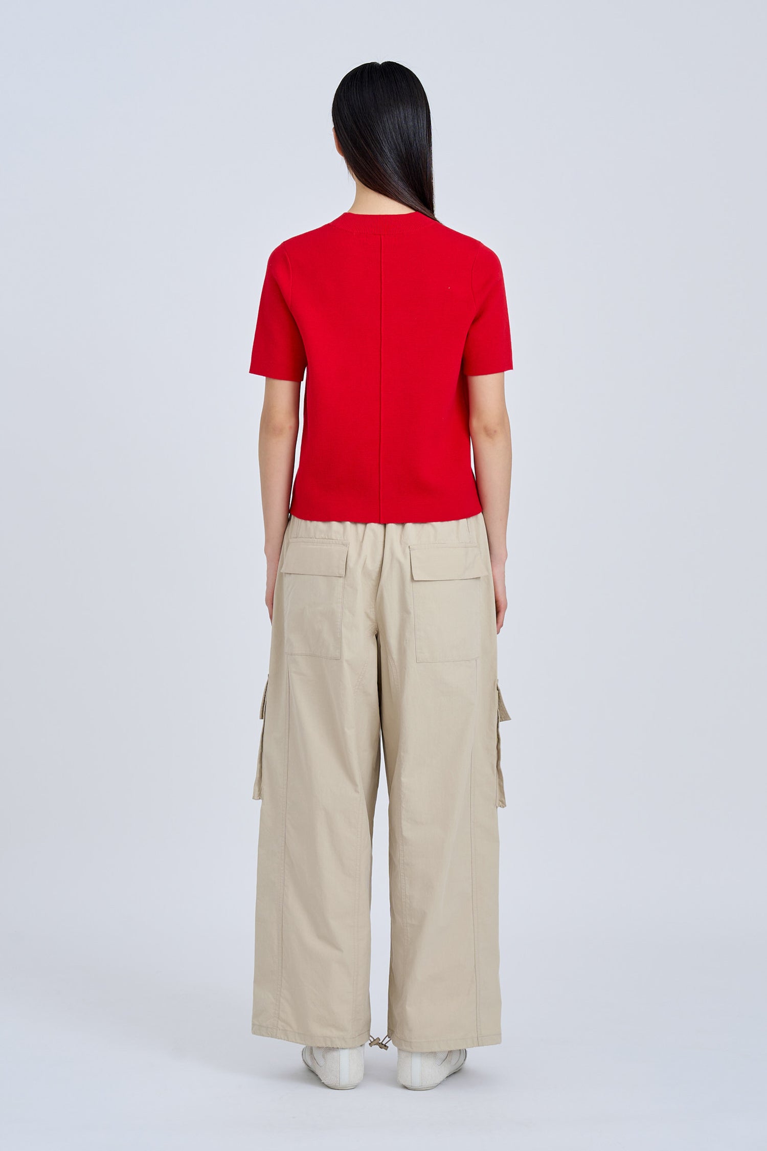 Knitted Ribbed Collar Top - Red