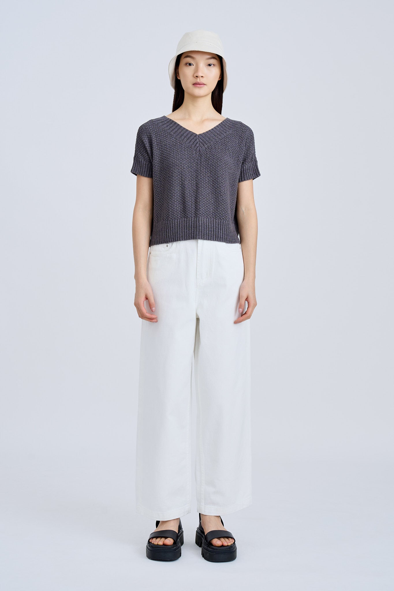 Knitted Cap Sleeve Two Way Top - Charcoal [AT]