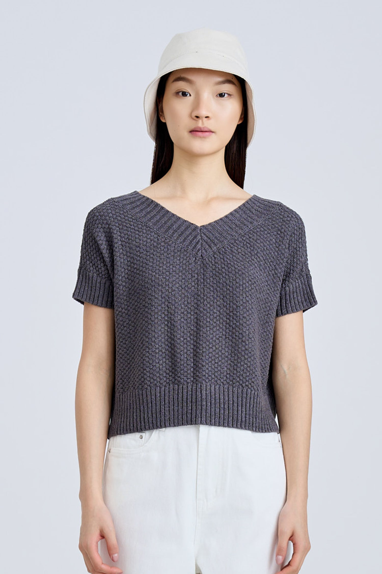 Knitted Cap Sleeve Two Way Top - Charcoal [AT]