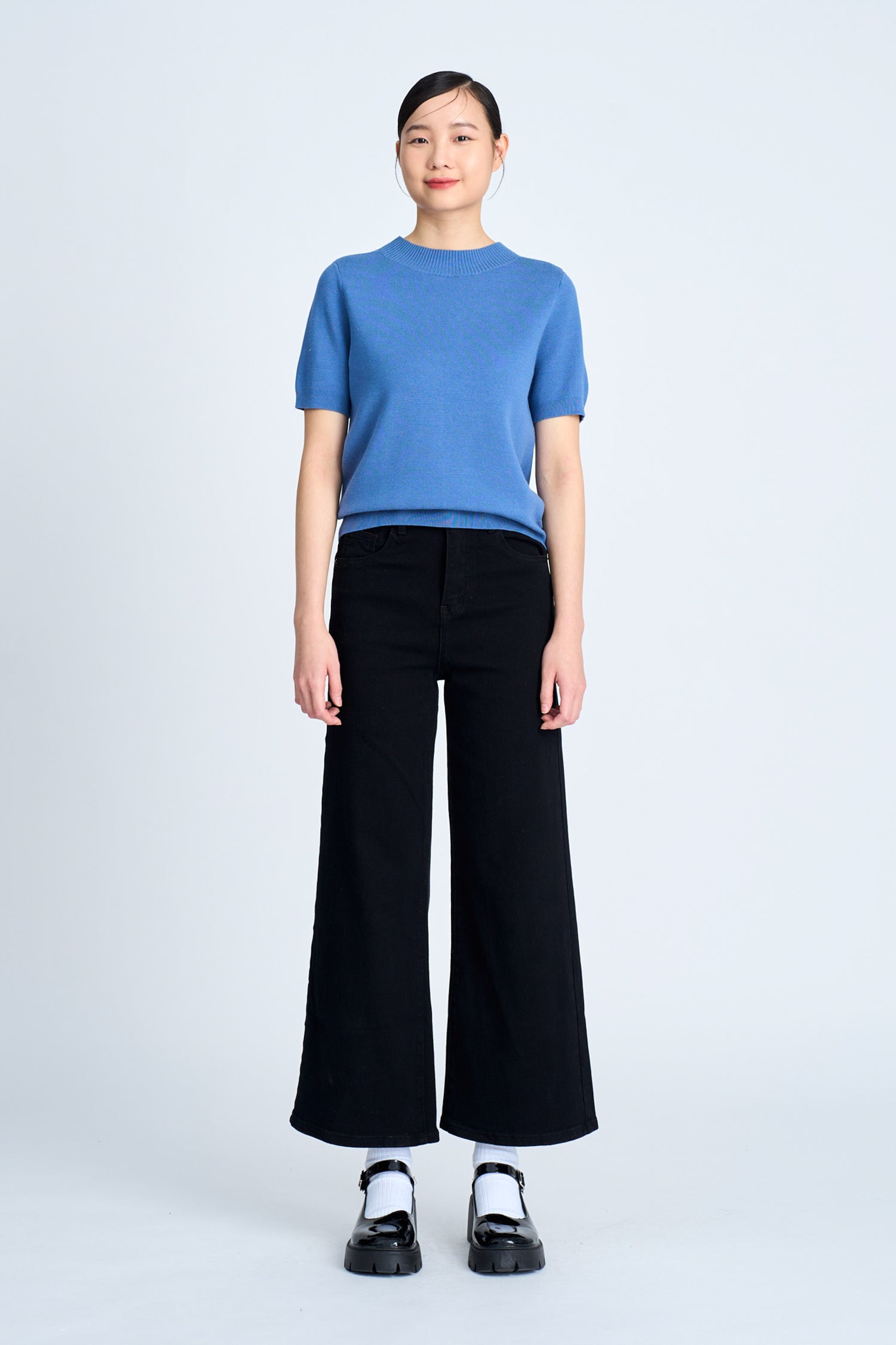 Knitted Ribbed Collar Top - Denim Blue