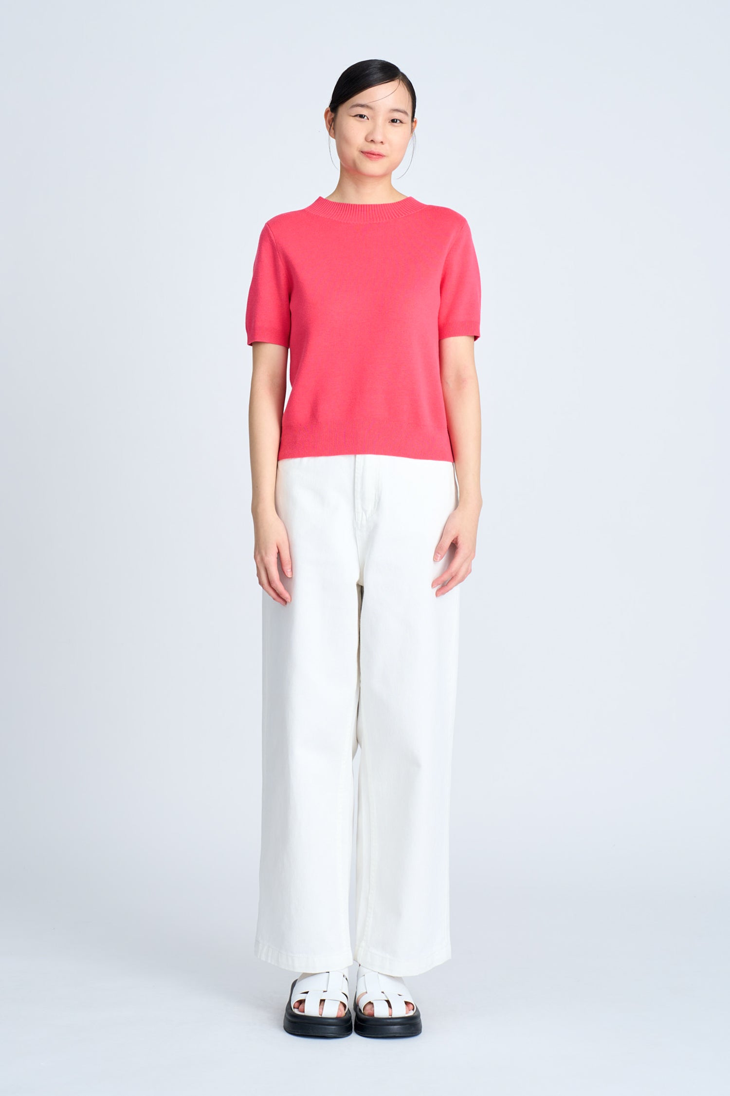 Knitted Ribbed Collar Top - Hot Pink
