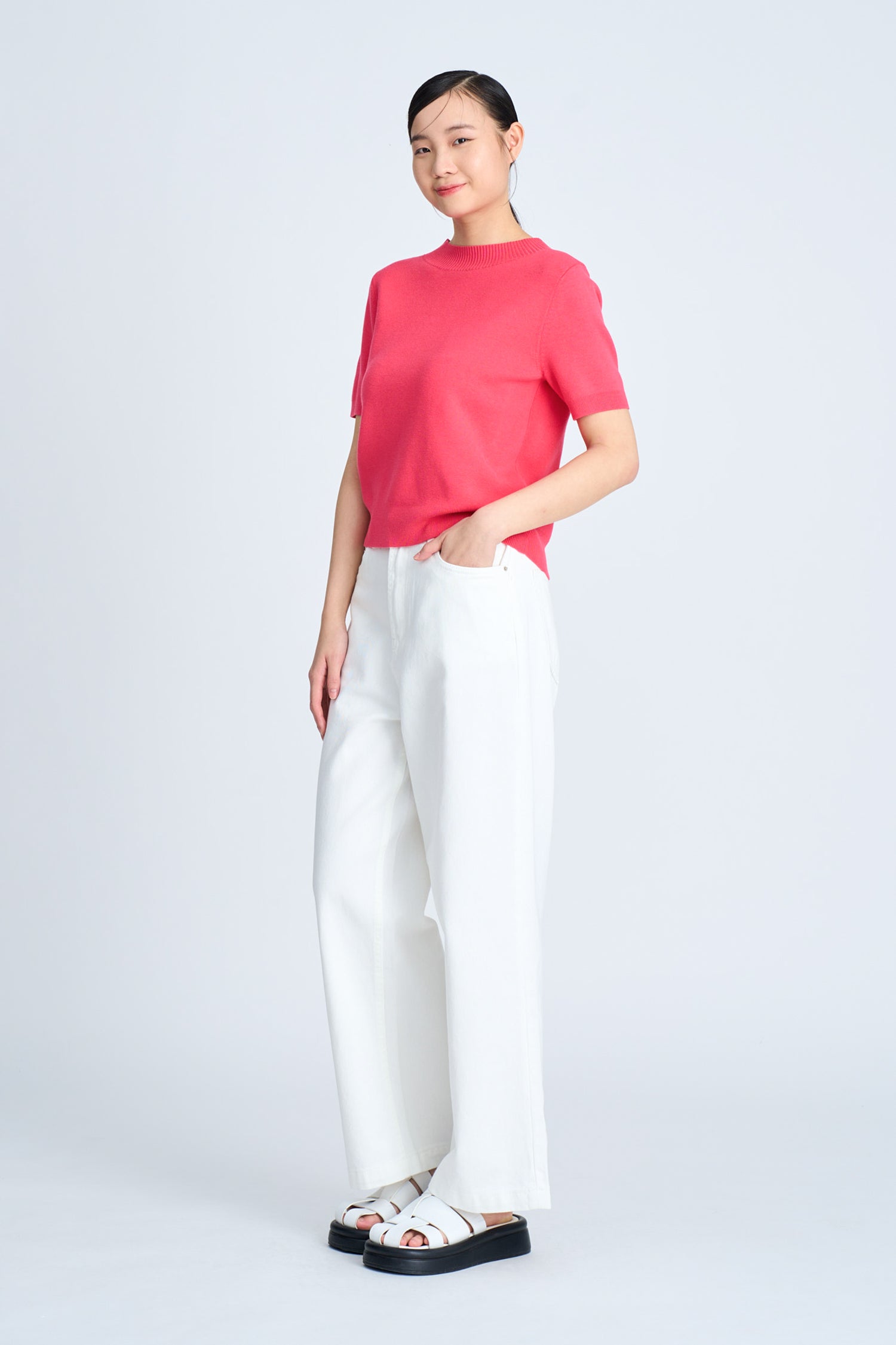 Knitted Ribbed Collar Top - Hot Pink