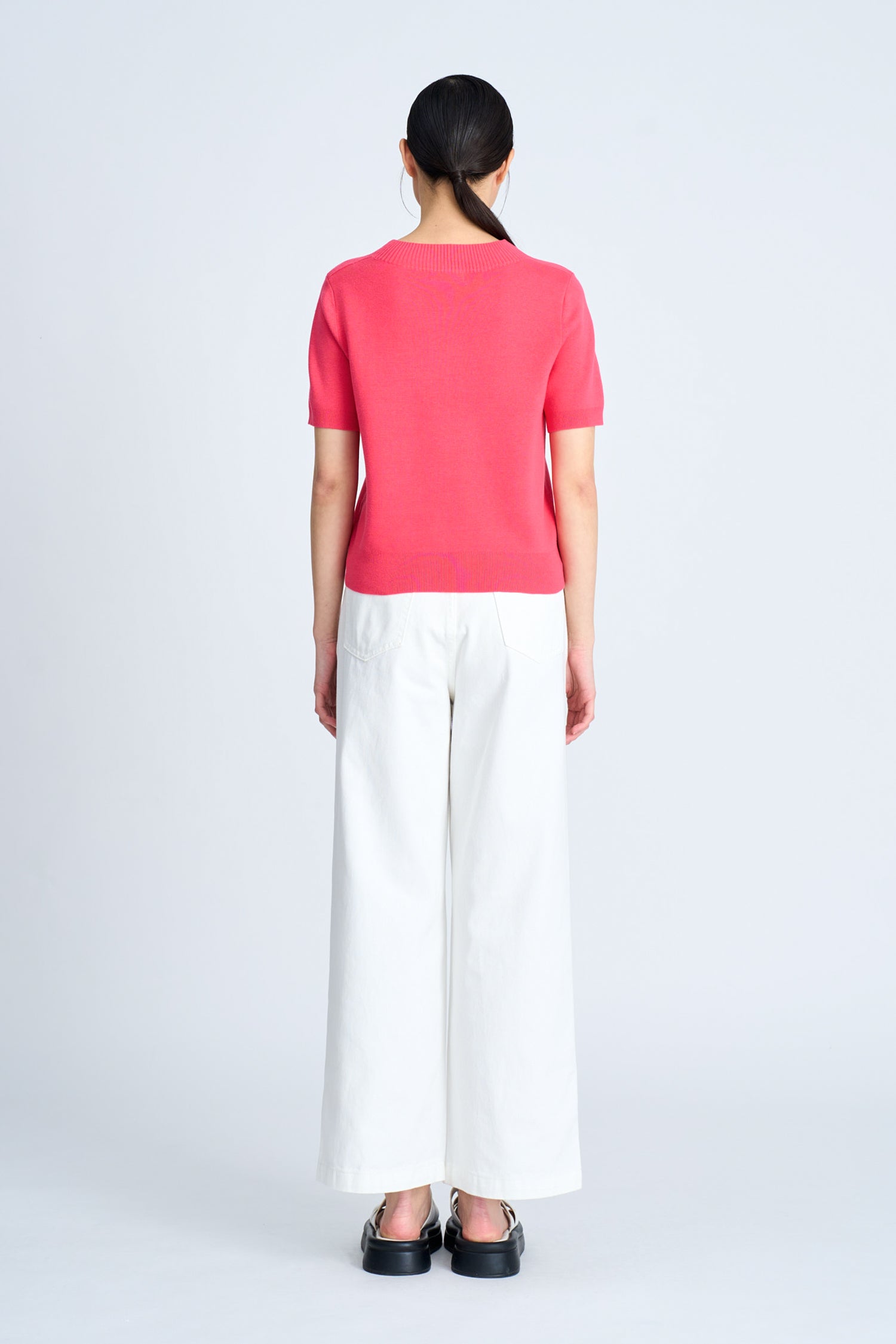 Knitted Ribbed Collar Top - Hot Pink