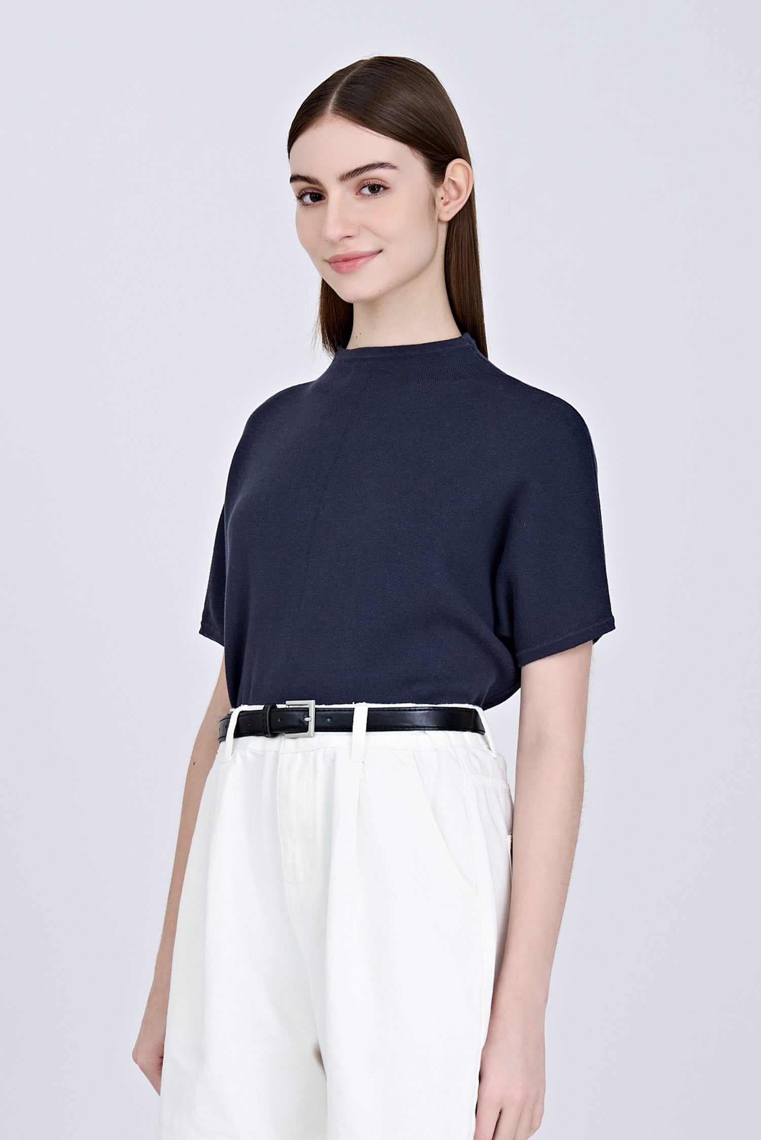 Knitted Funnel Neck Dolman Top - Midnight
