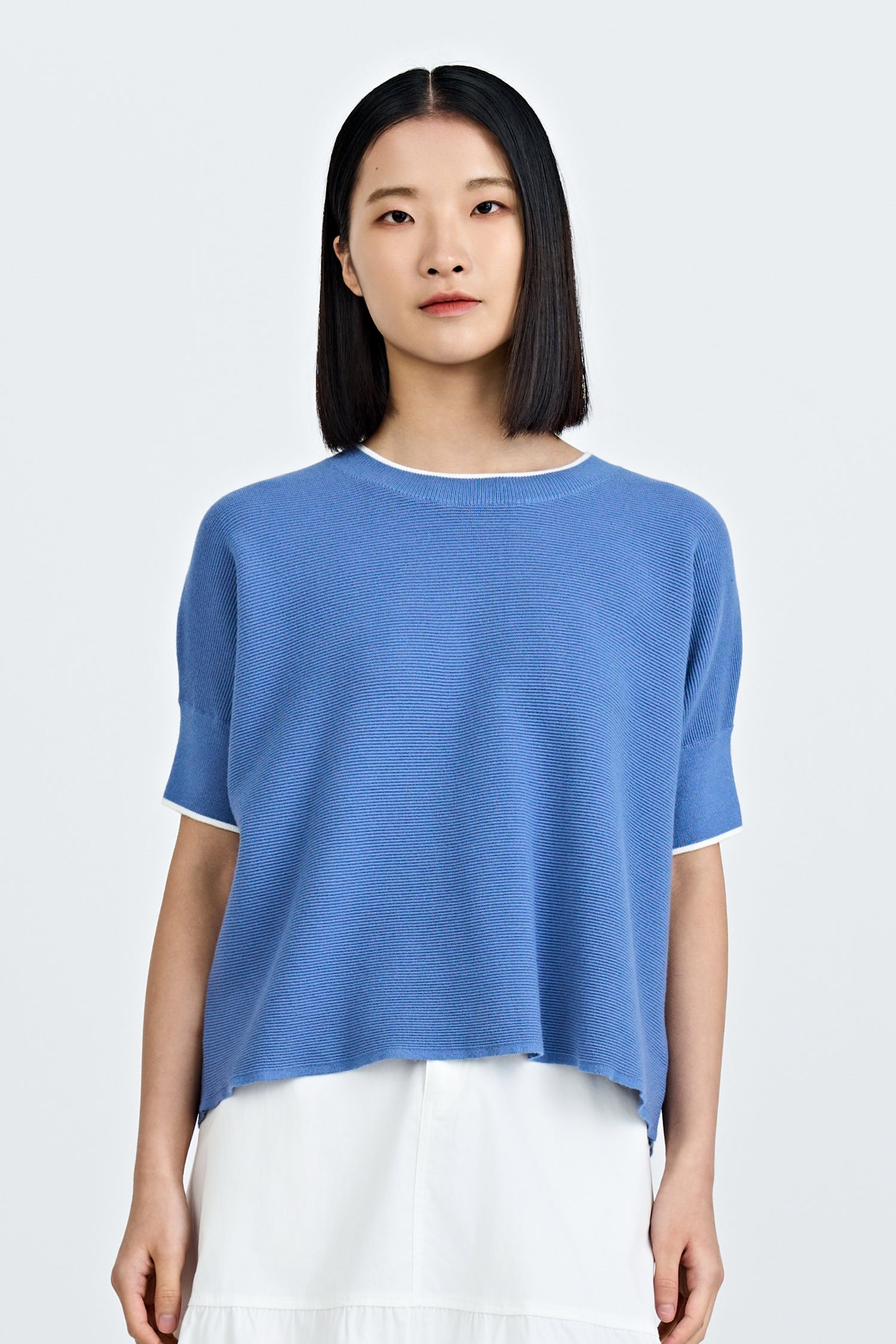 Knitted Contrast Top - Denim Blue