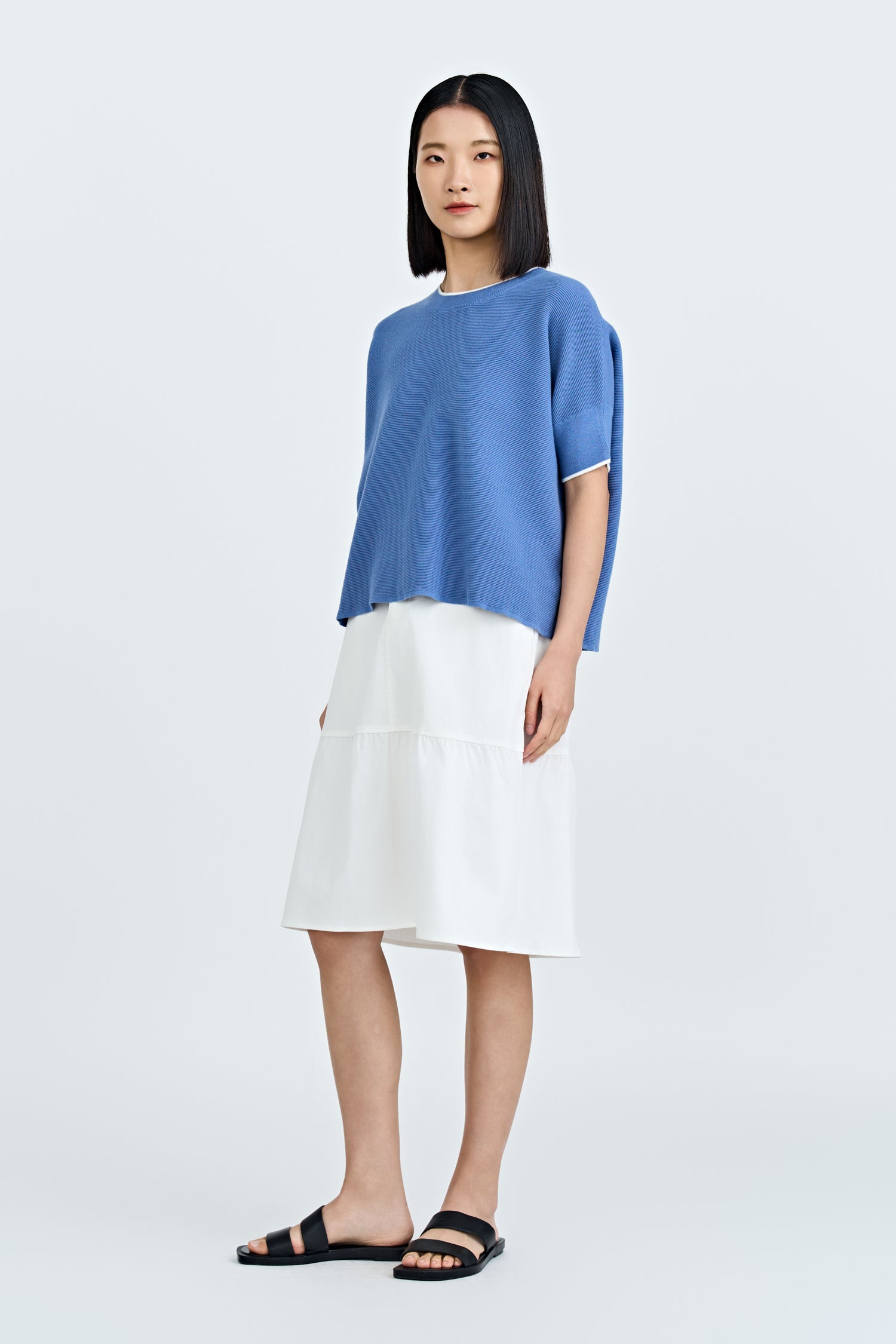 Knitted Contrast Top - Denim Blue