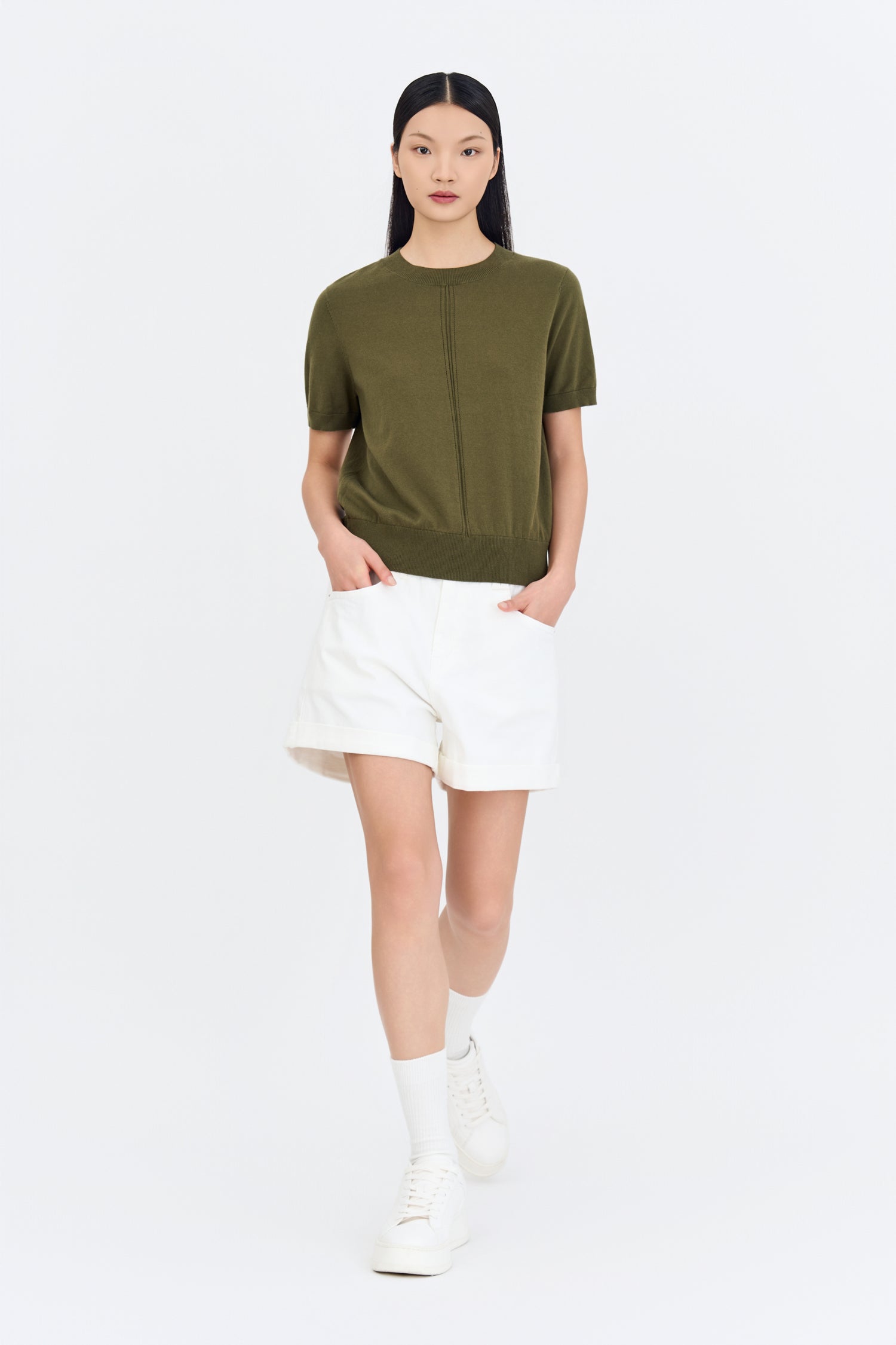 Knitted Short Sleeve Top - Army Green