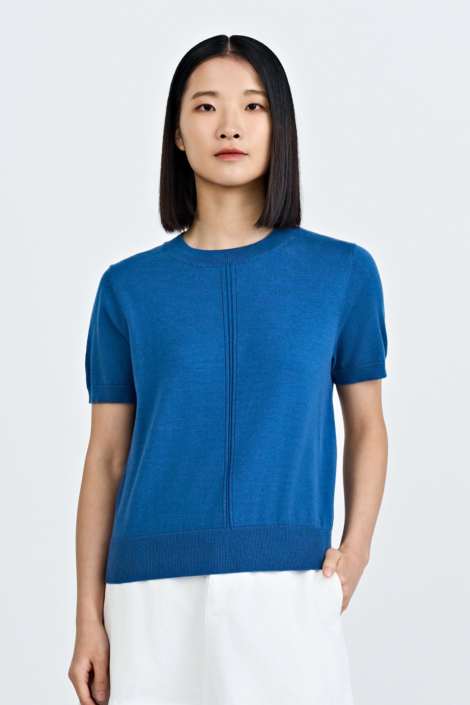 Knitted Short Sleeve Top - Denim Blue