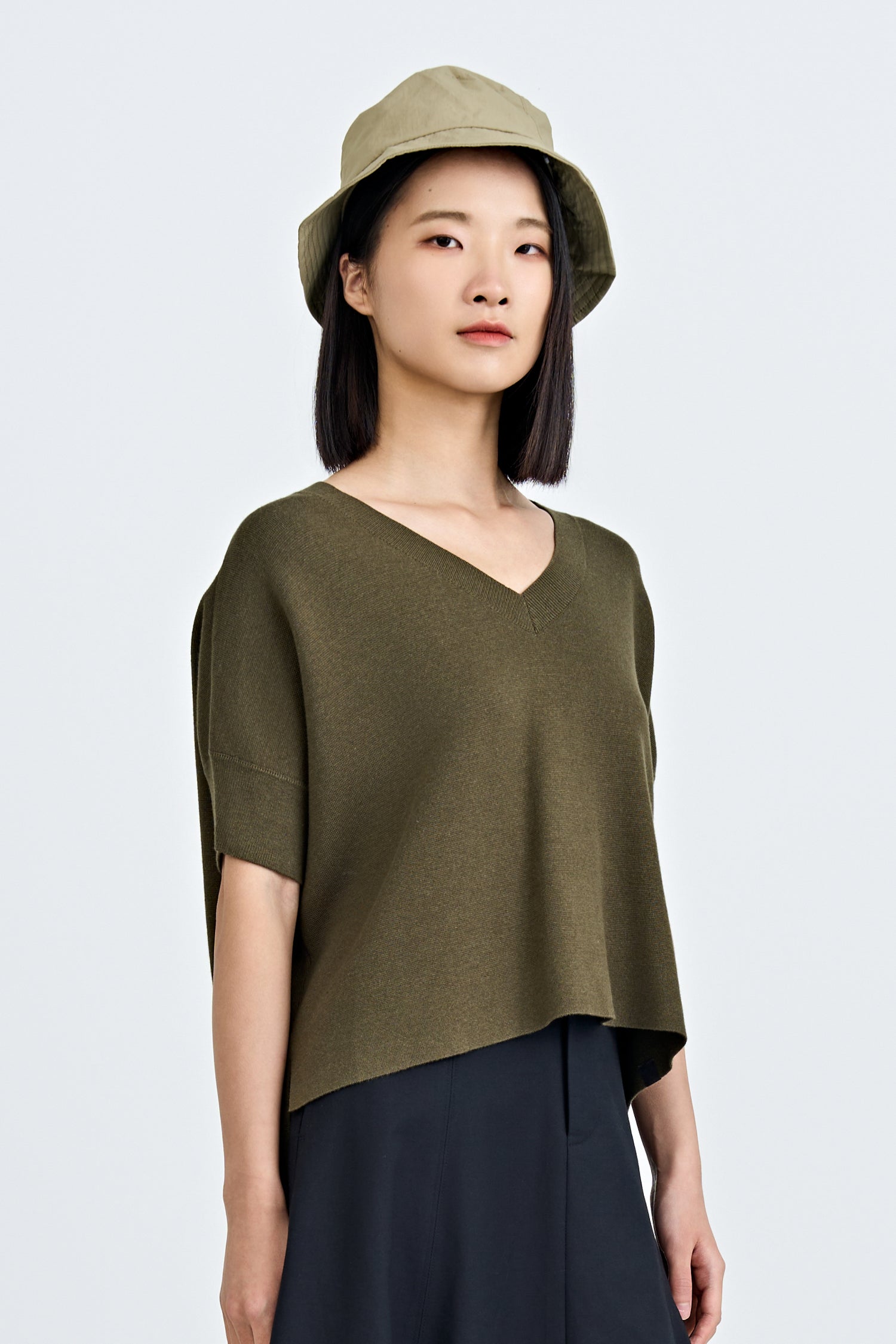 Knitted V-Neck Top - Army Green