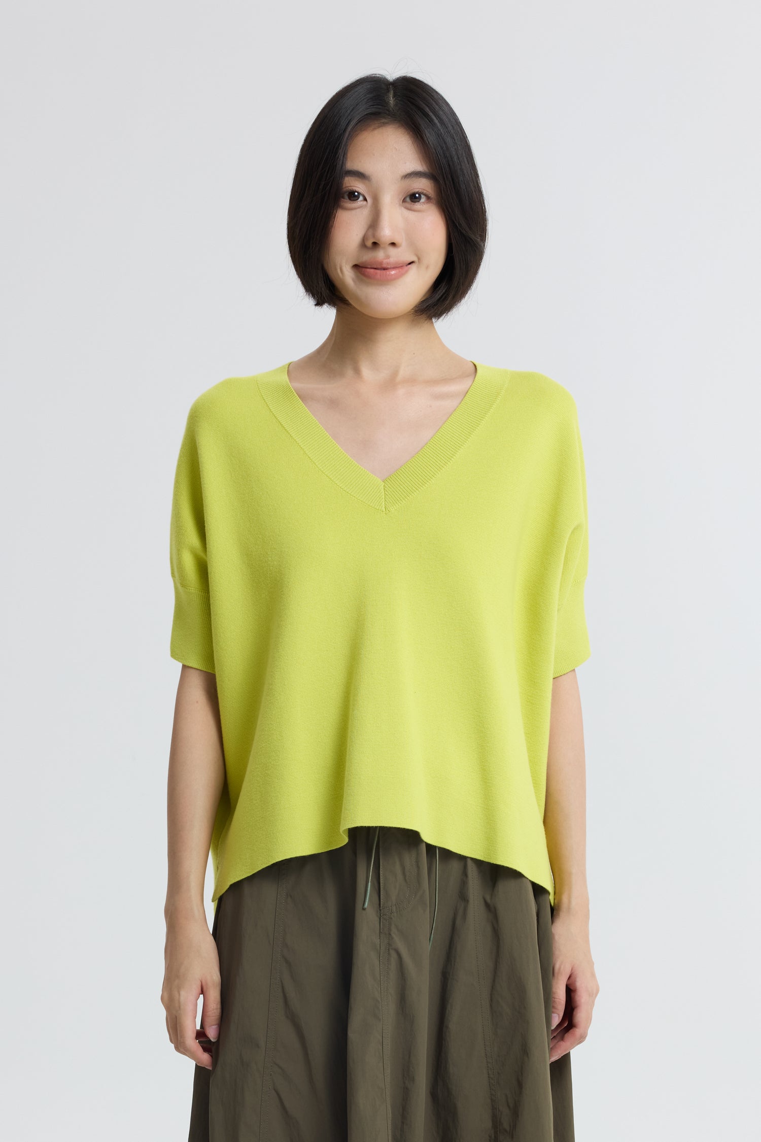 Knitted V-Neck Top - Chartreuse
