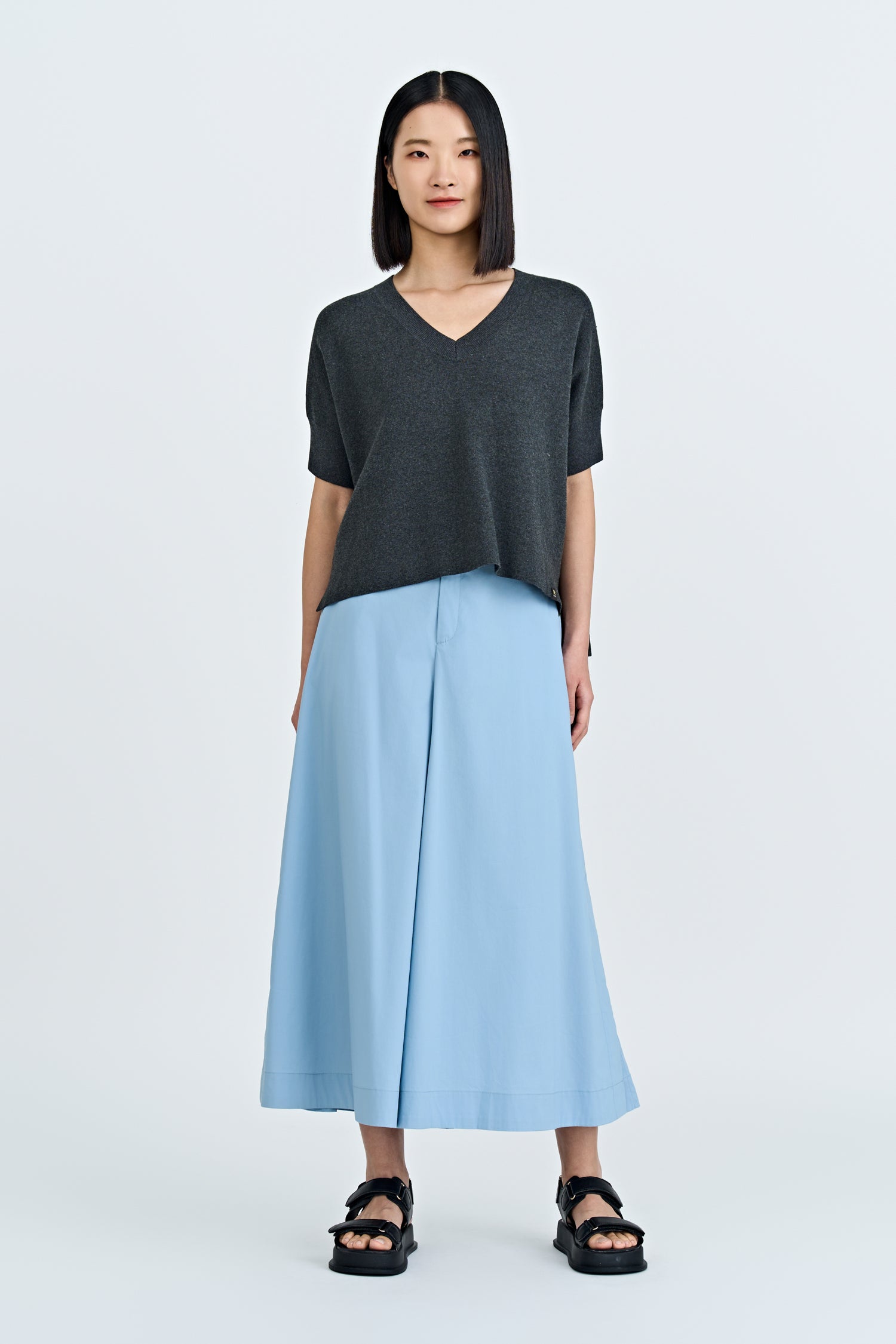 Knitted V-Neck Top - Dark Melange Grey
