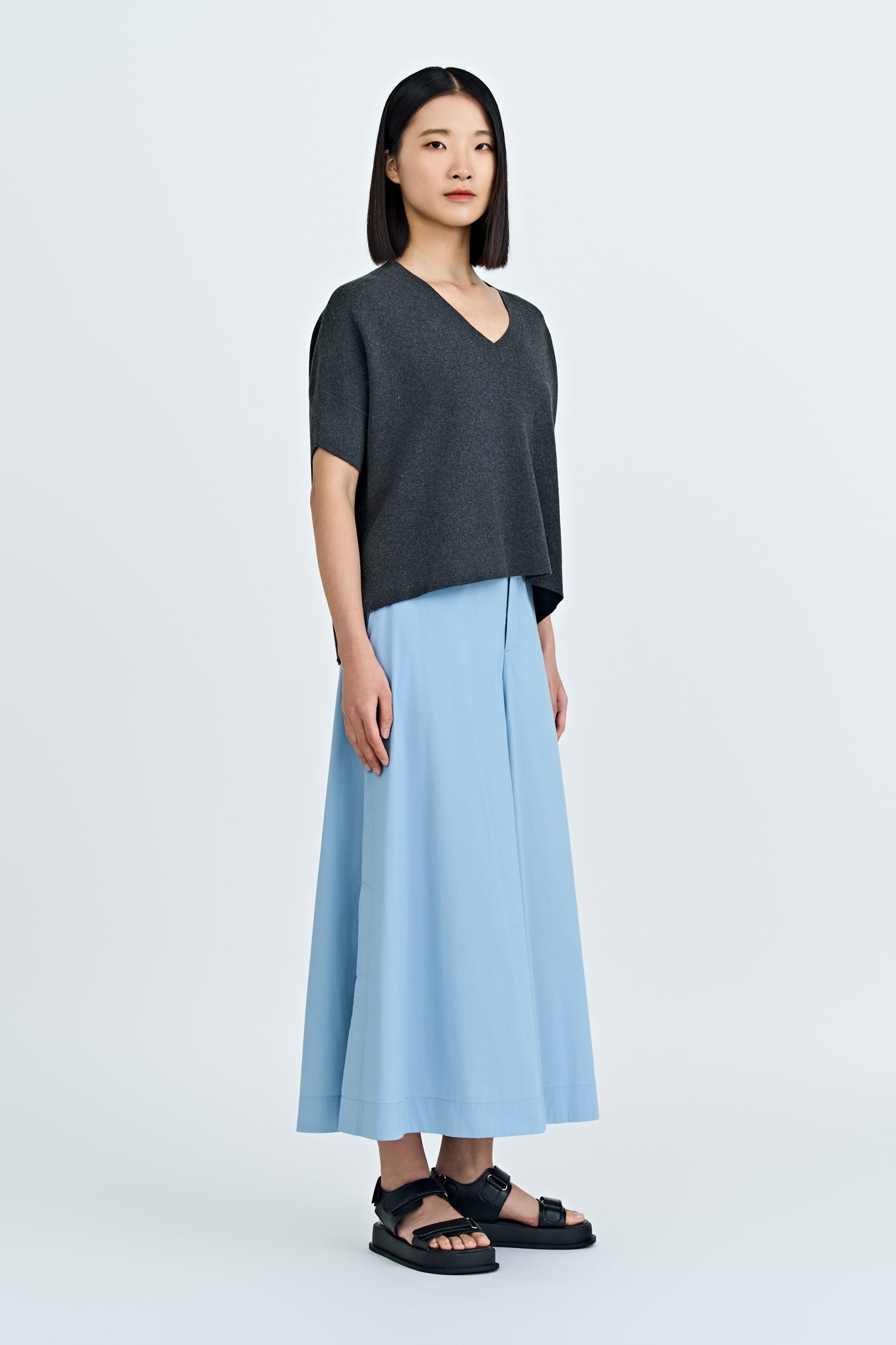 Knitted V-Neck Top - Dark Melange Grey