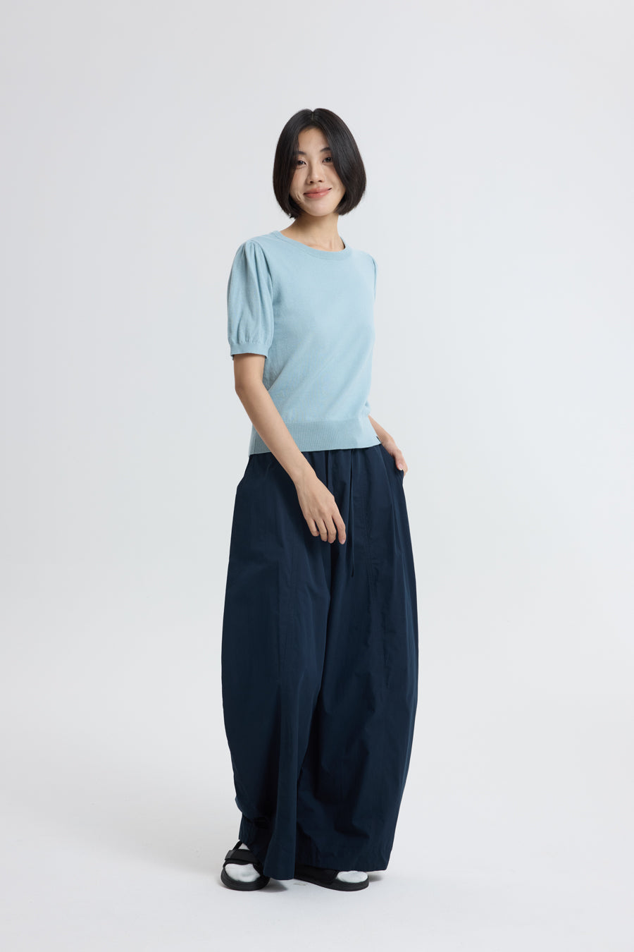 Knitted Puff Sleeve Top - Dusty Blue