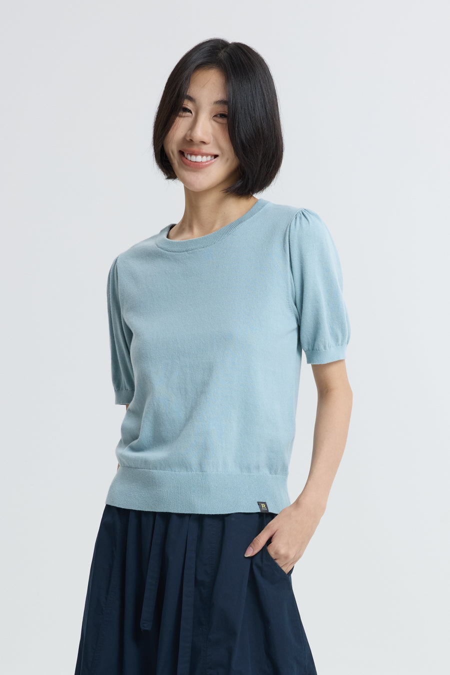 Knitted Puff Sleeve Top - Dusty Blue