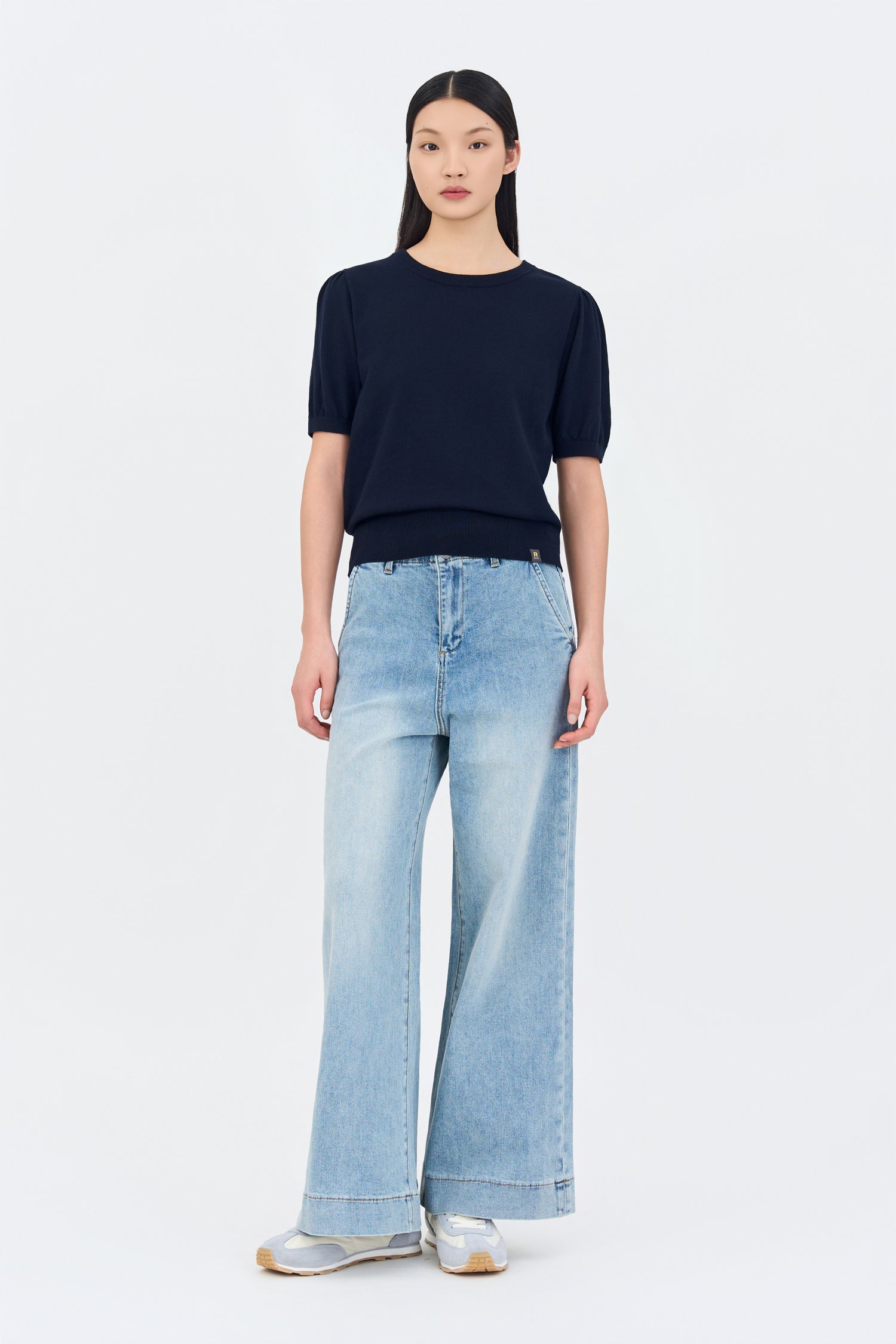 Knitted Puff Sleeve Top - Navy