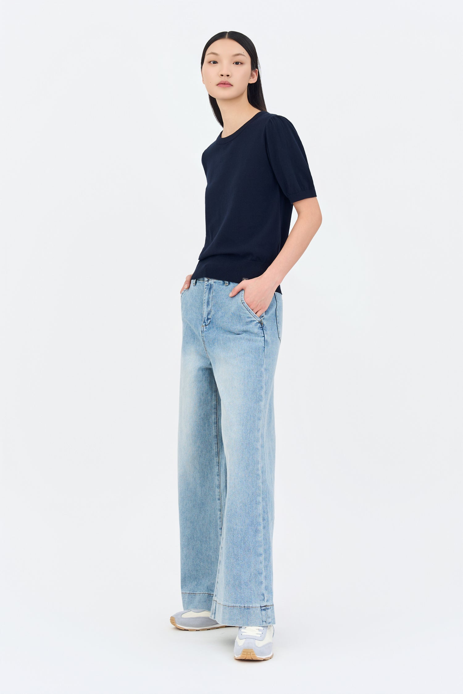 Knitted Puff Sleeve Top - Navy