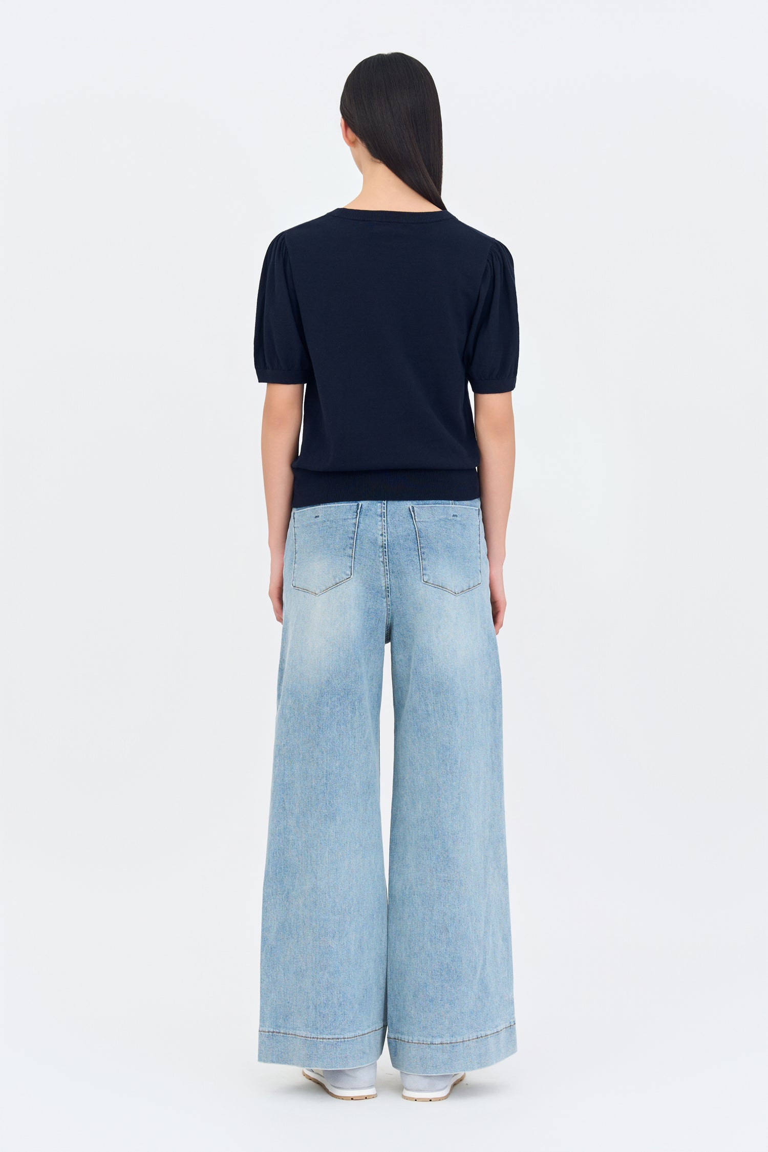 Knitted Puff Sleeve Top - Navy