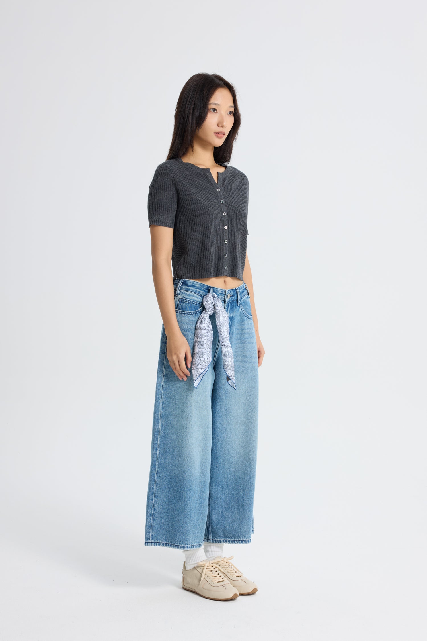 Knitted Button Front Top - Charcoal