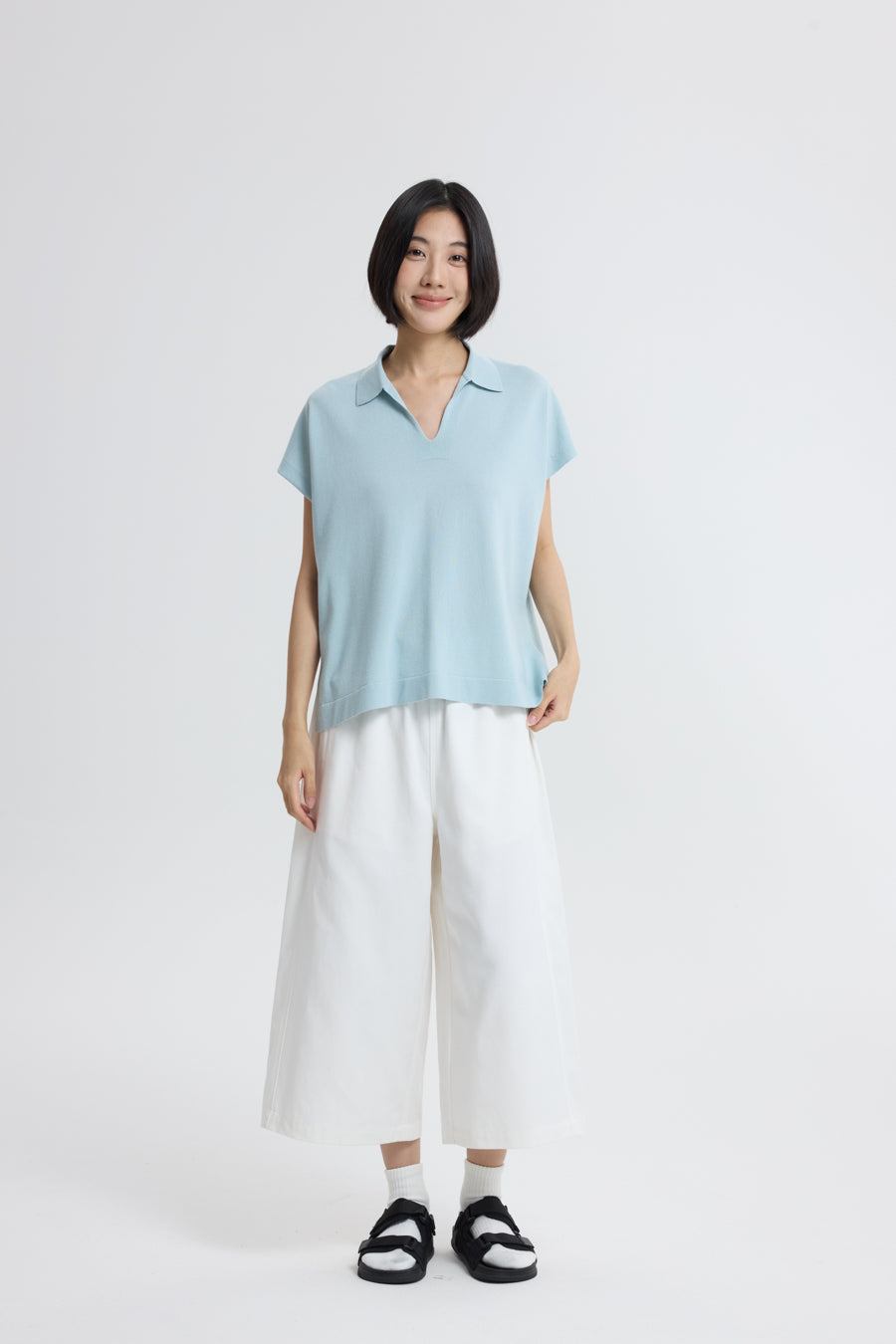 Knitted Polo Top - Dusty Blue