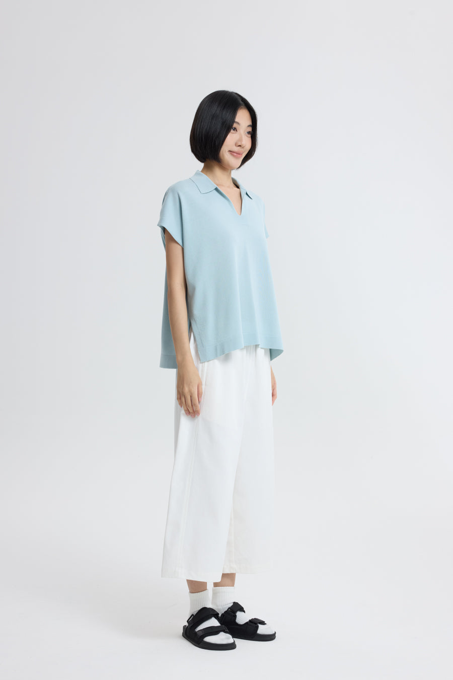 Knitted Polo Top - Dusty Blue