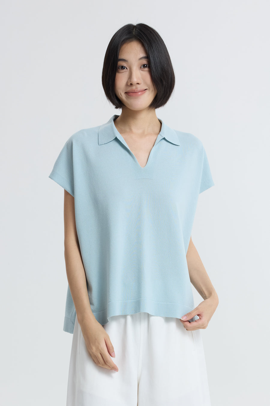 Knitted Polo Top - Dusty Blue