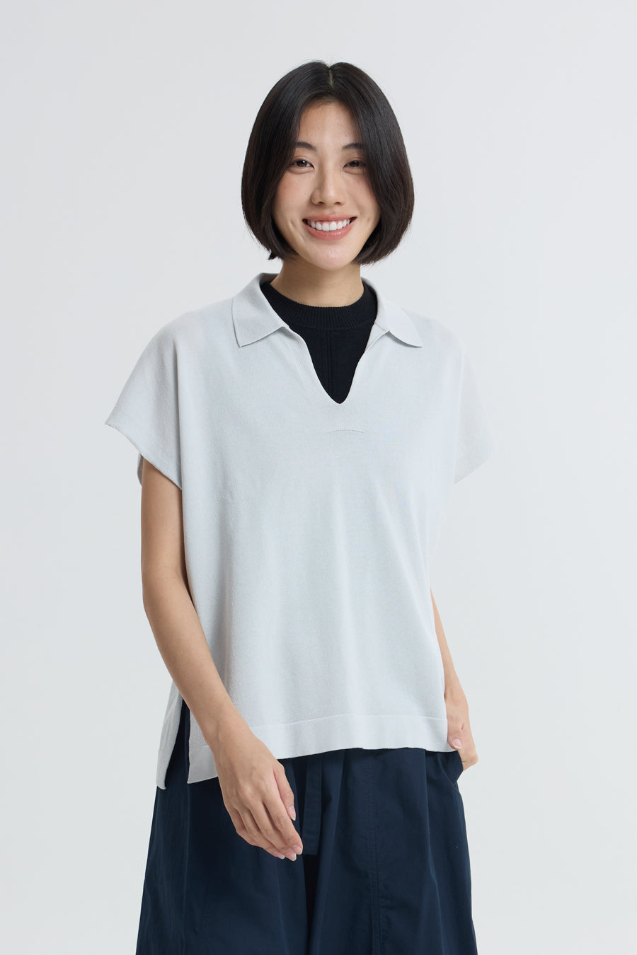 Knitted Polo Top - Light Grey