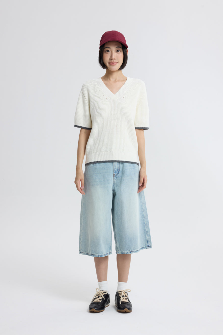 Knitted Contrast Trim Top - Cream