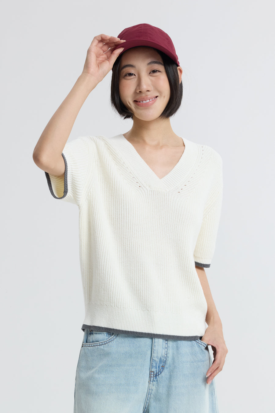 Knitted Contrast Trim Top - Cream