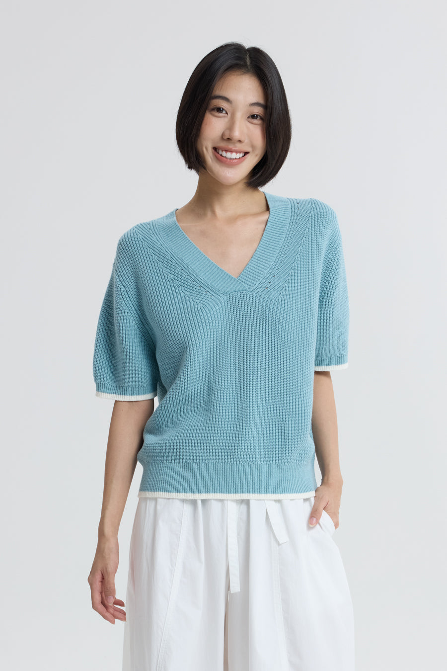 Knitted Contrast Trim Top - Dusty Blue