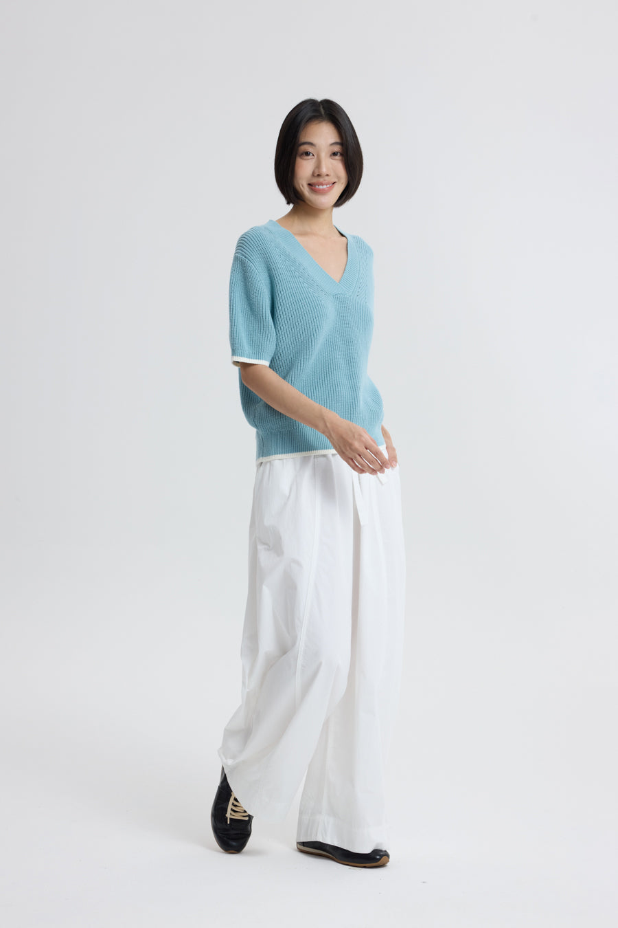 Knitted Contrast Trim Top - Dusty Blue