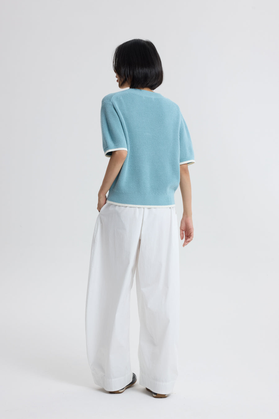 Knitted Contrast Trim Top - Dusty Blue