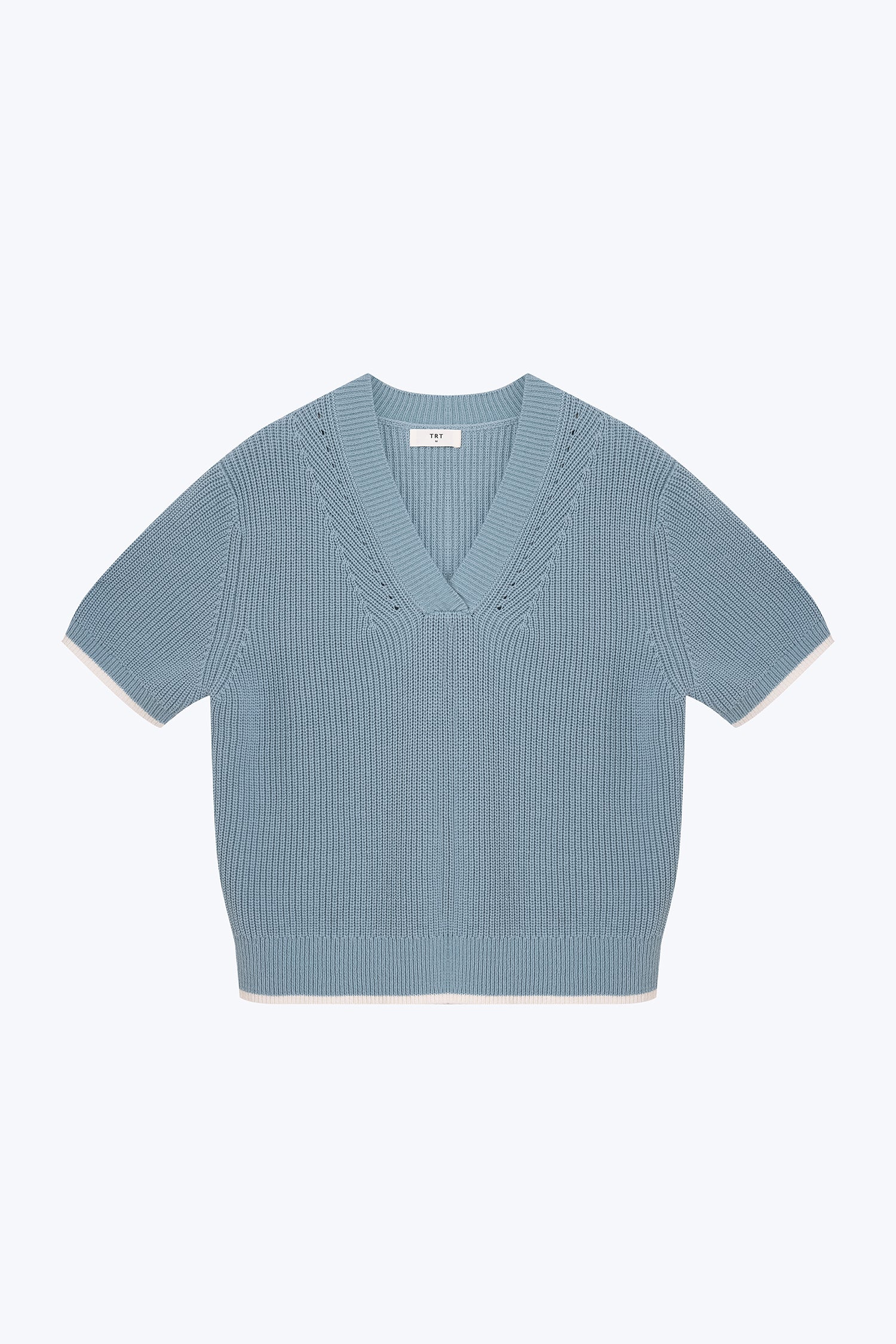 Knitted Contrast Trim Top - Dusty Blue
