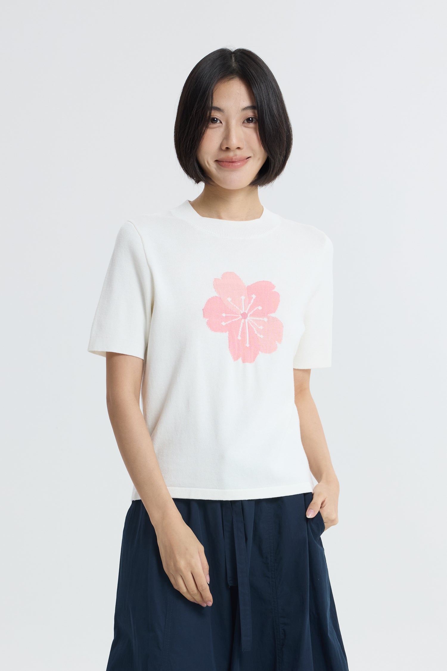 Knitted Floral Top - Cream