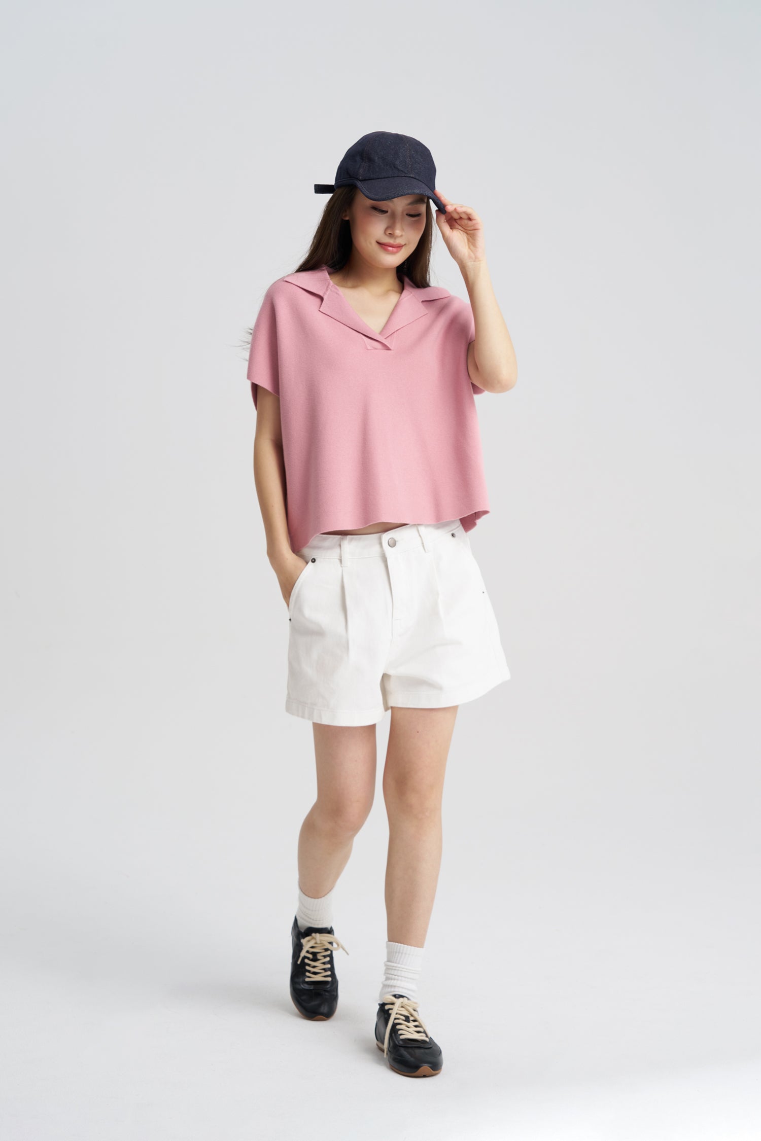 Knitted Notched Collar Top - Blush