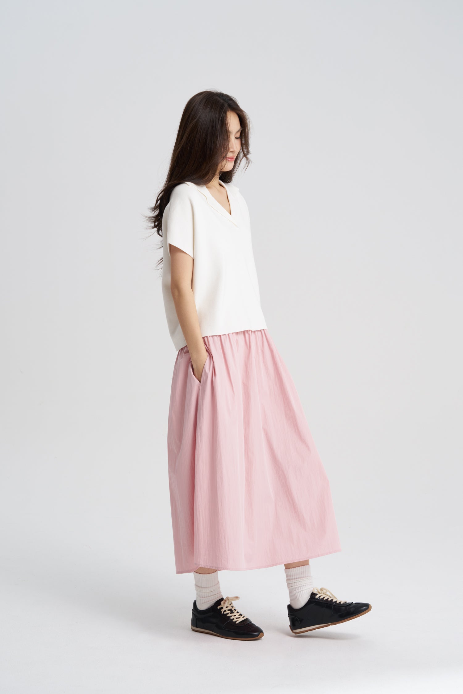 Knitted Notched Collar Top - Cream