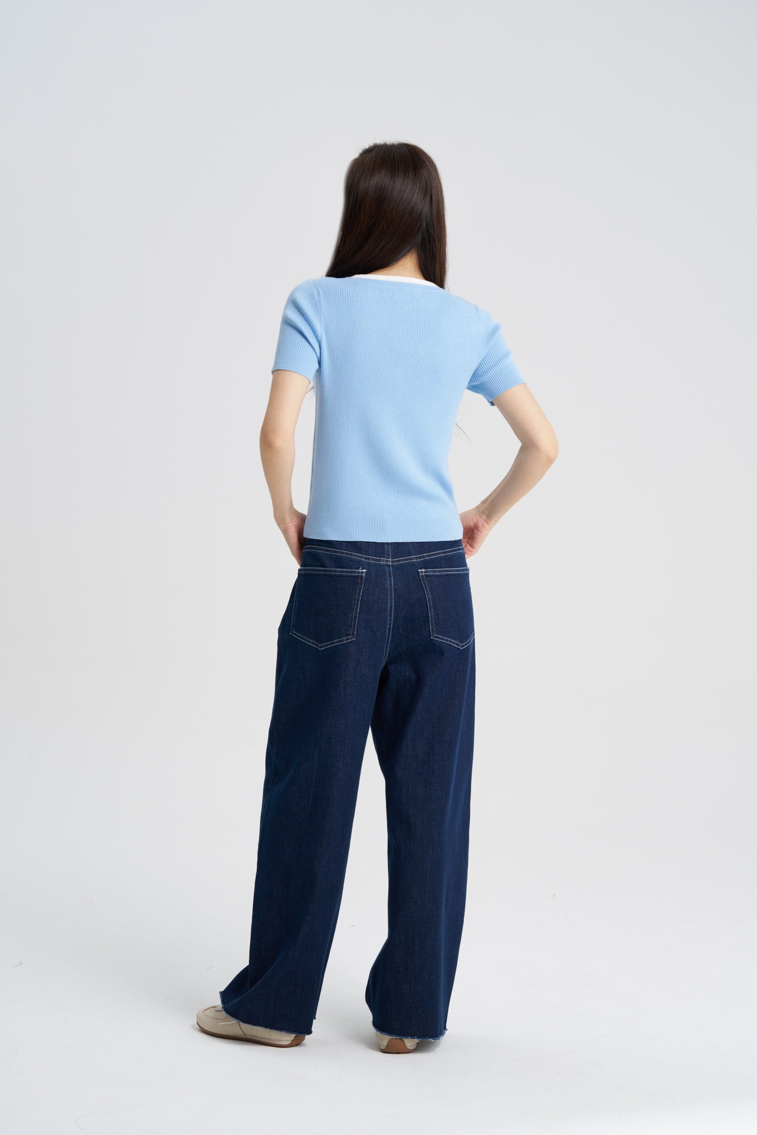 Knitted Double Collar Top - Dusty Blue