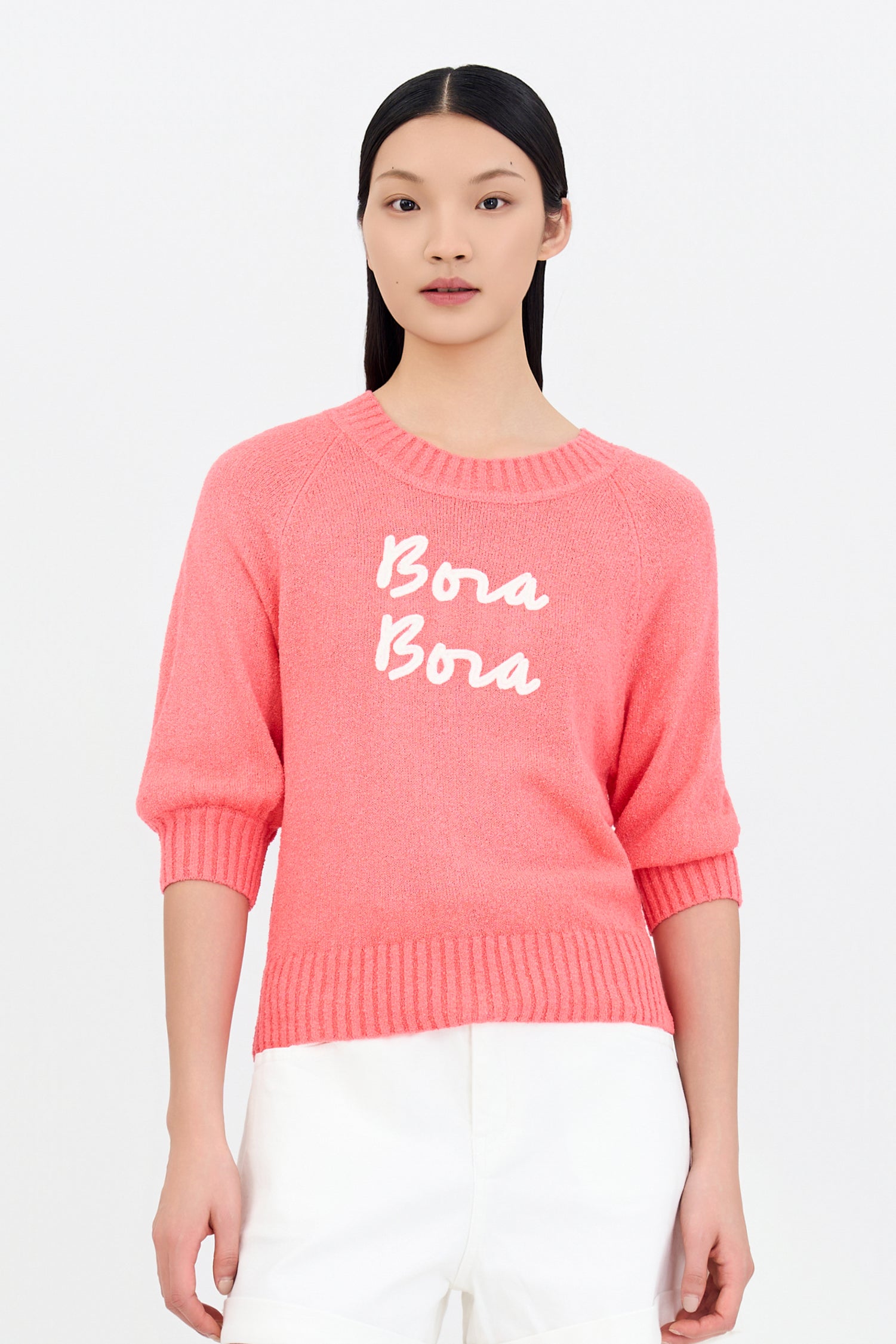 Textured Knitted Top w/ Embroidery Text - Coral