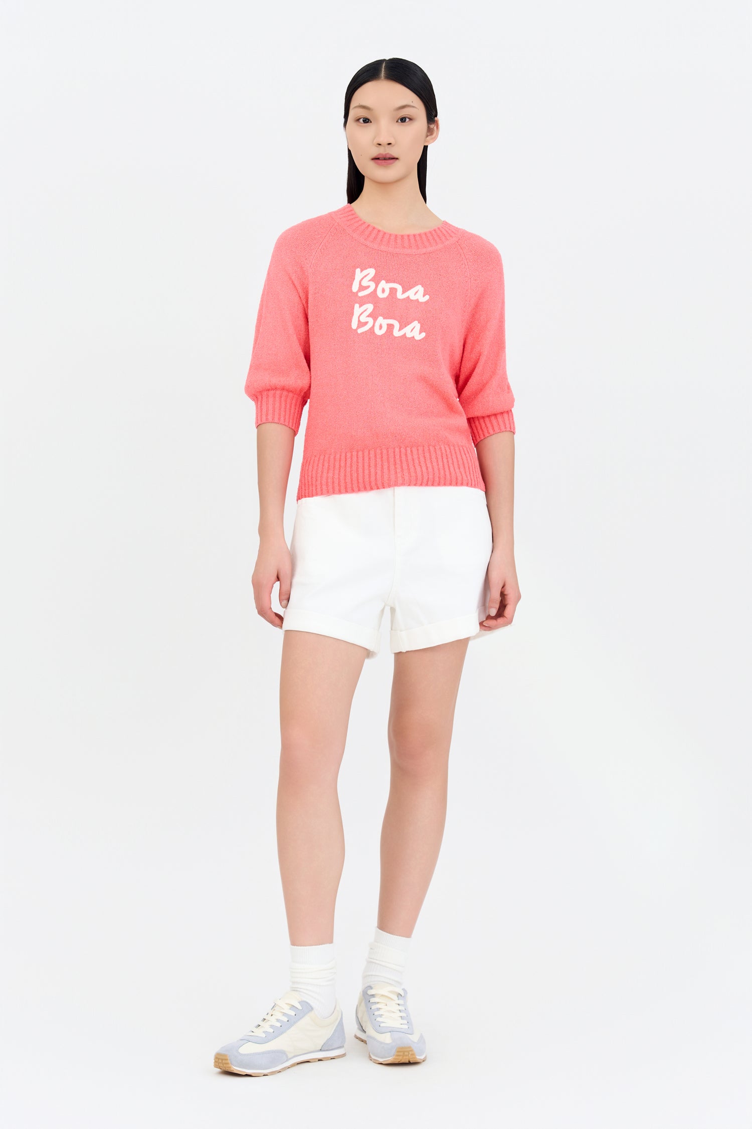 Textured Knitted Top w/ Embroidery Text - Coral