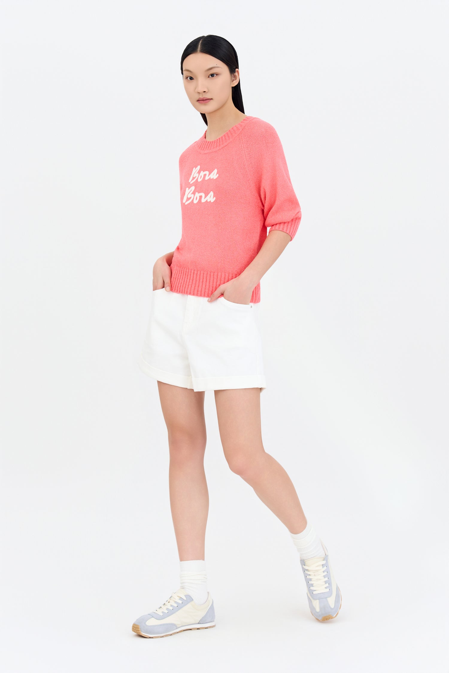 Textured Knitted Top w/ Embroidery Text - Coral