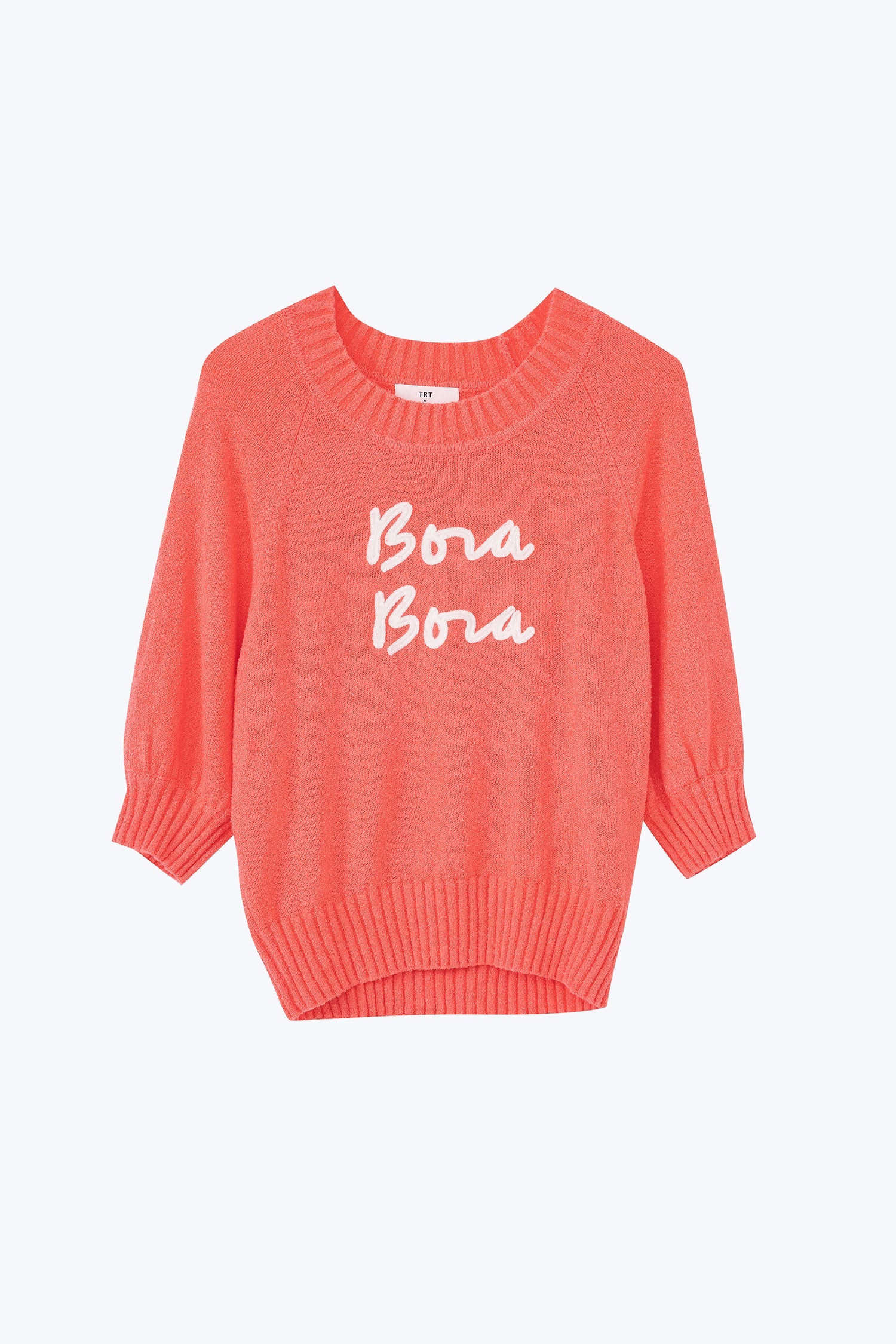 Textured Knitted Top w/ Embroidery Text - Coral