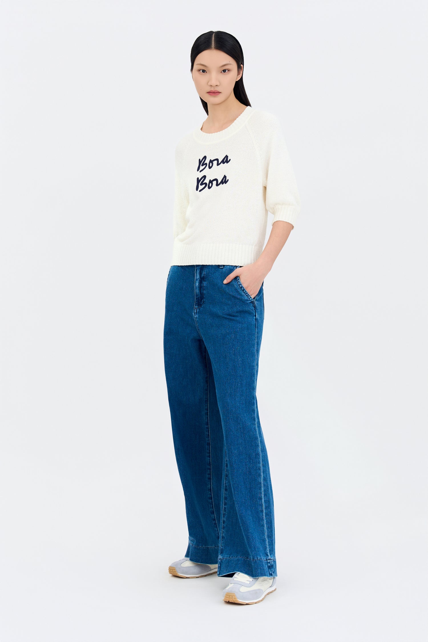 Textured Knitted Top w/ Embroidery Text - Cream
