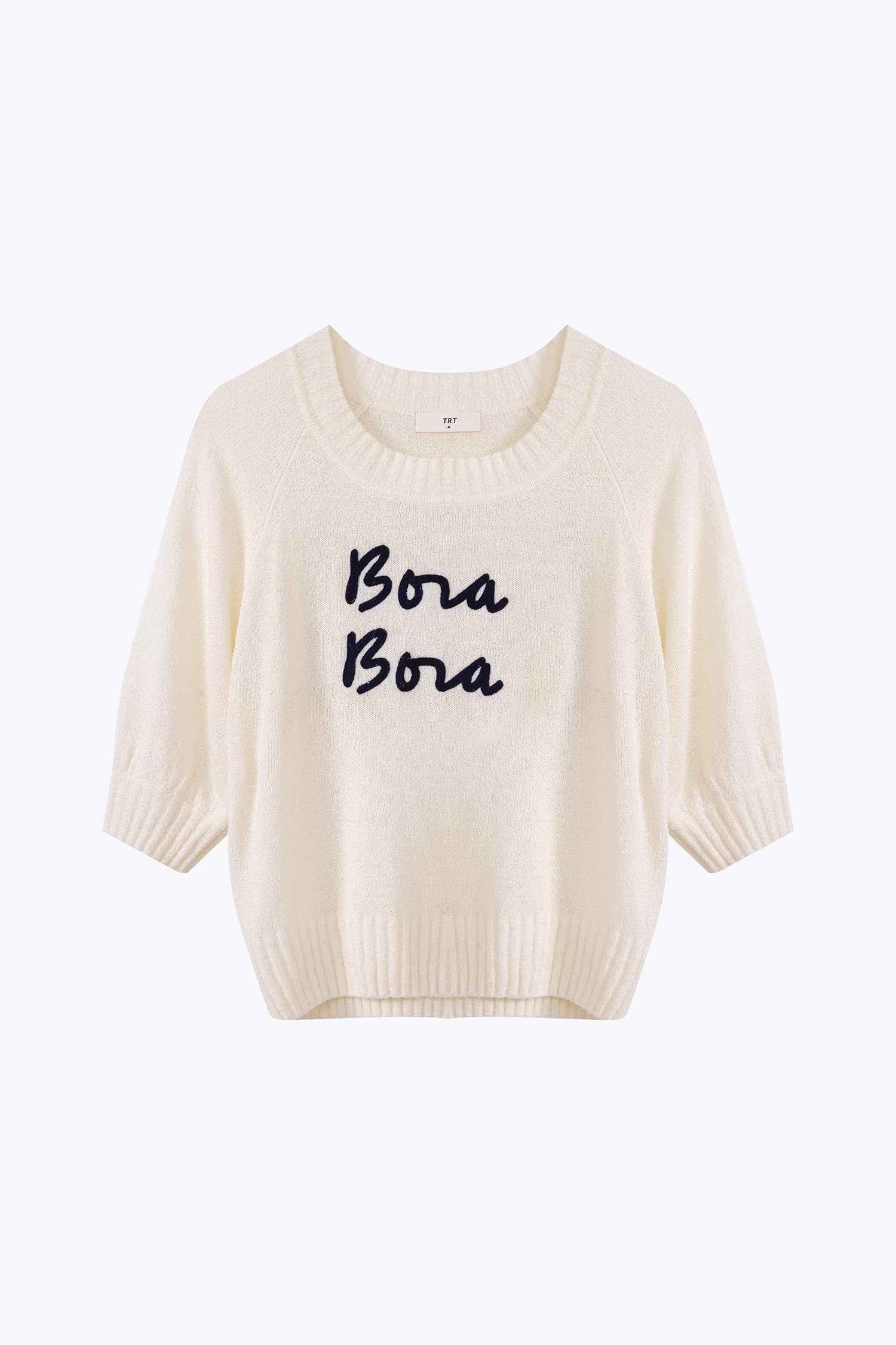 Textured Knitted Top w/ Embroidery Text - Cream