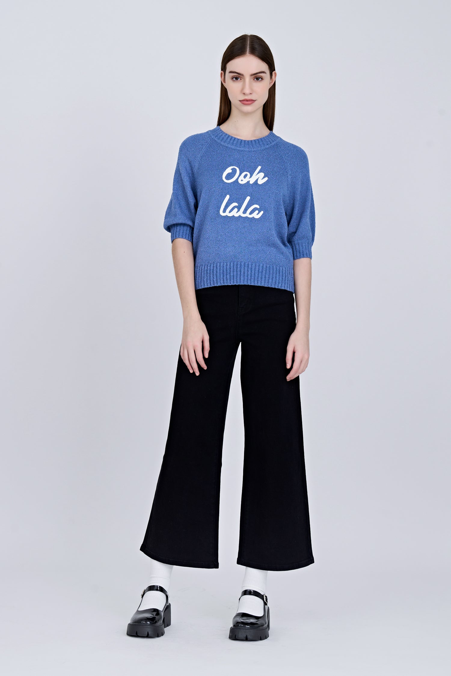 Textured Knitted Top w/ Embroidery Text - Denim Blue