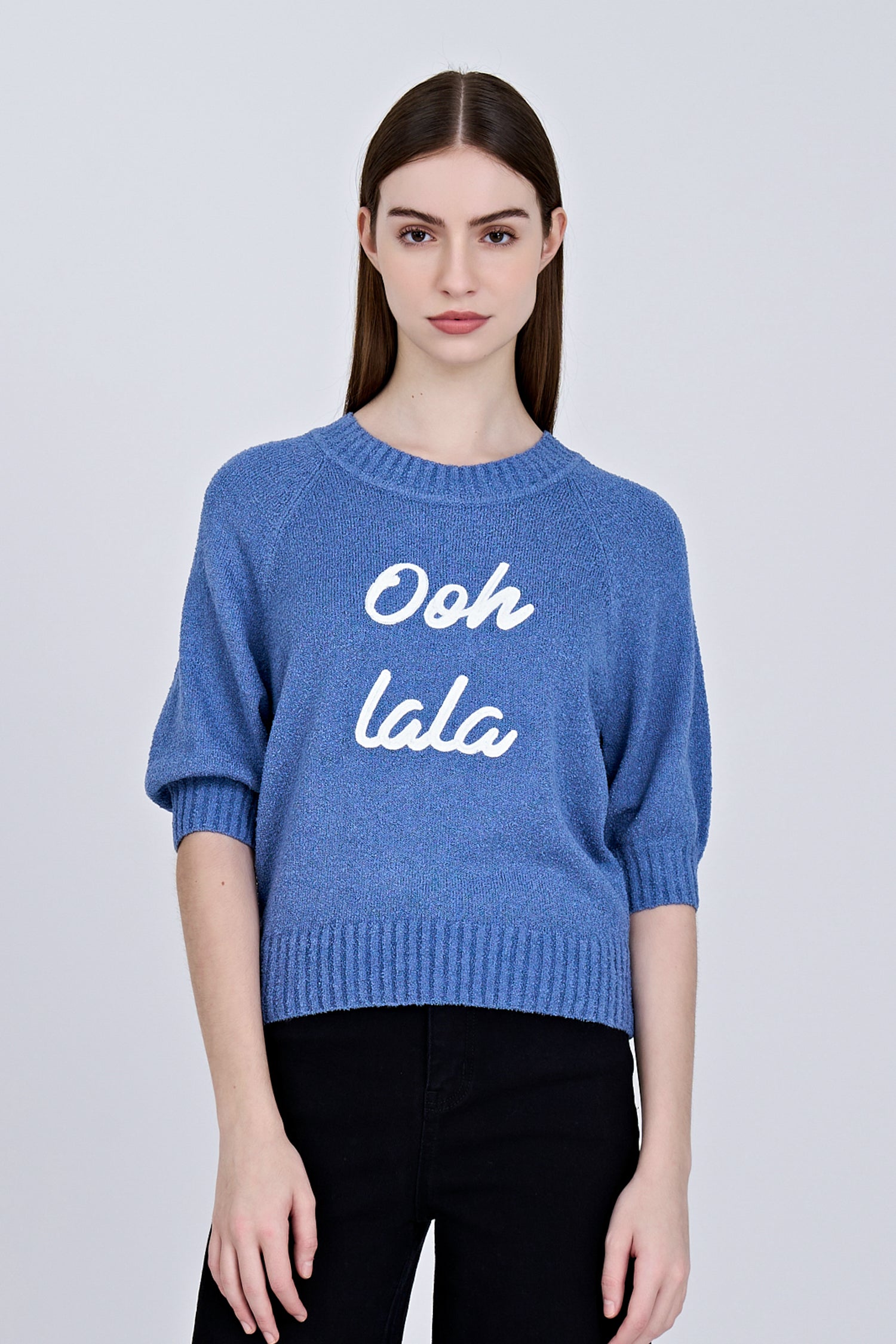 Textured Knitted Top w/ Embroidery Text - Denim Blue