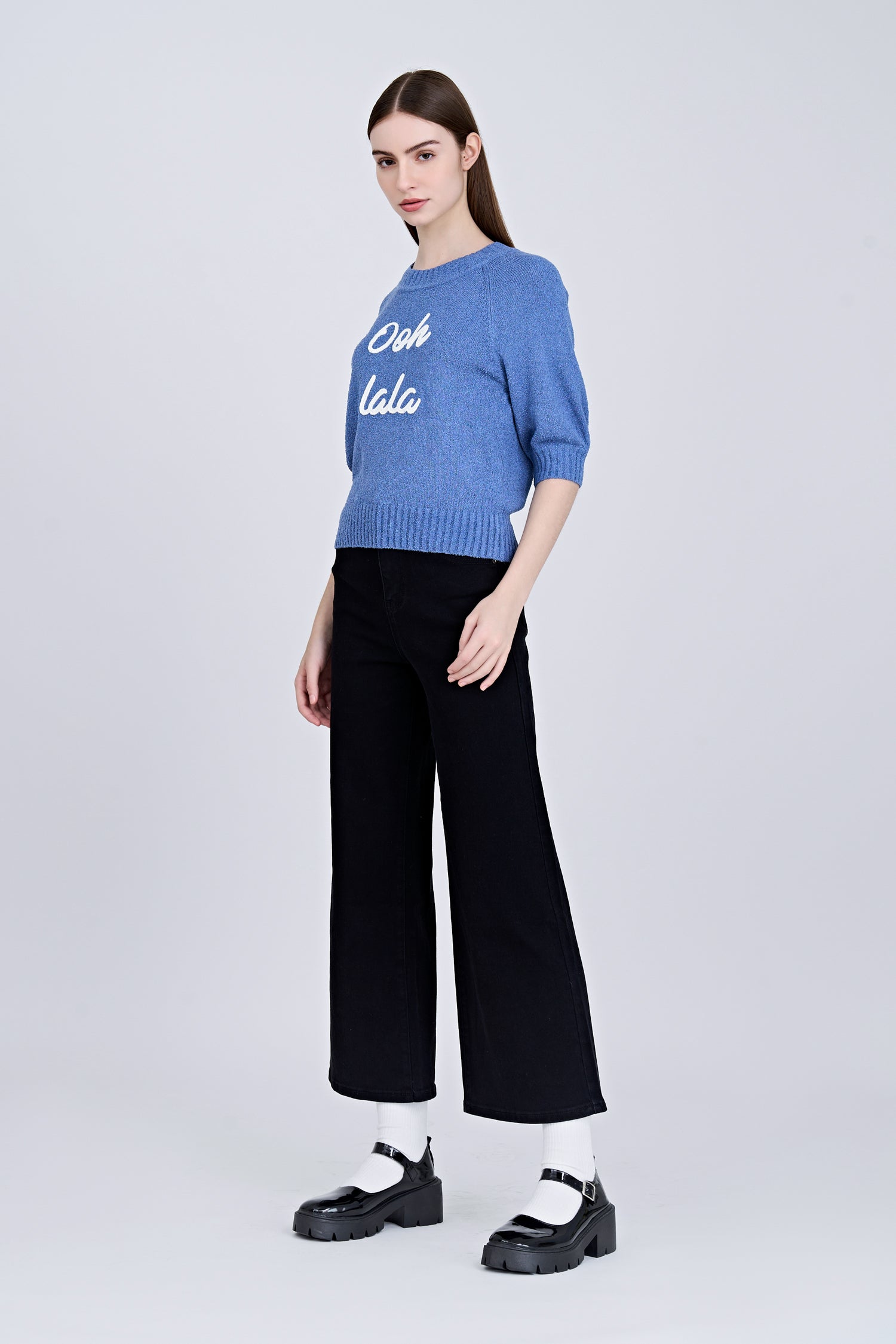 Textured Knitted Top w/ Embroidery Text - Denim Blue
