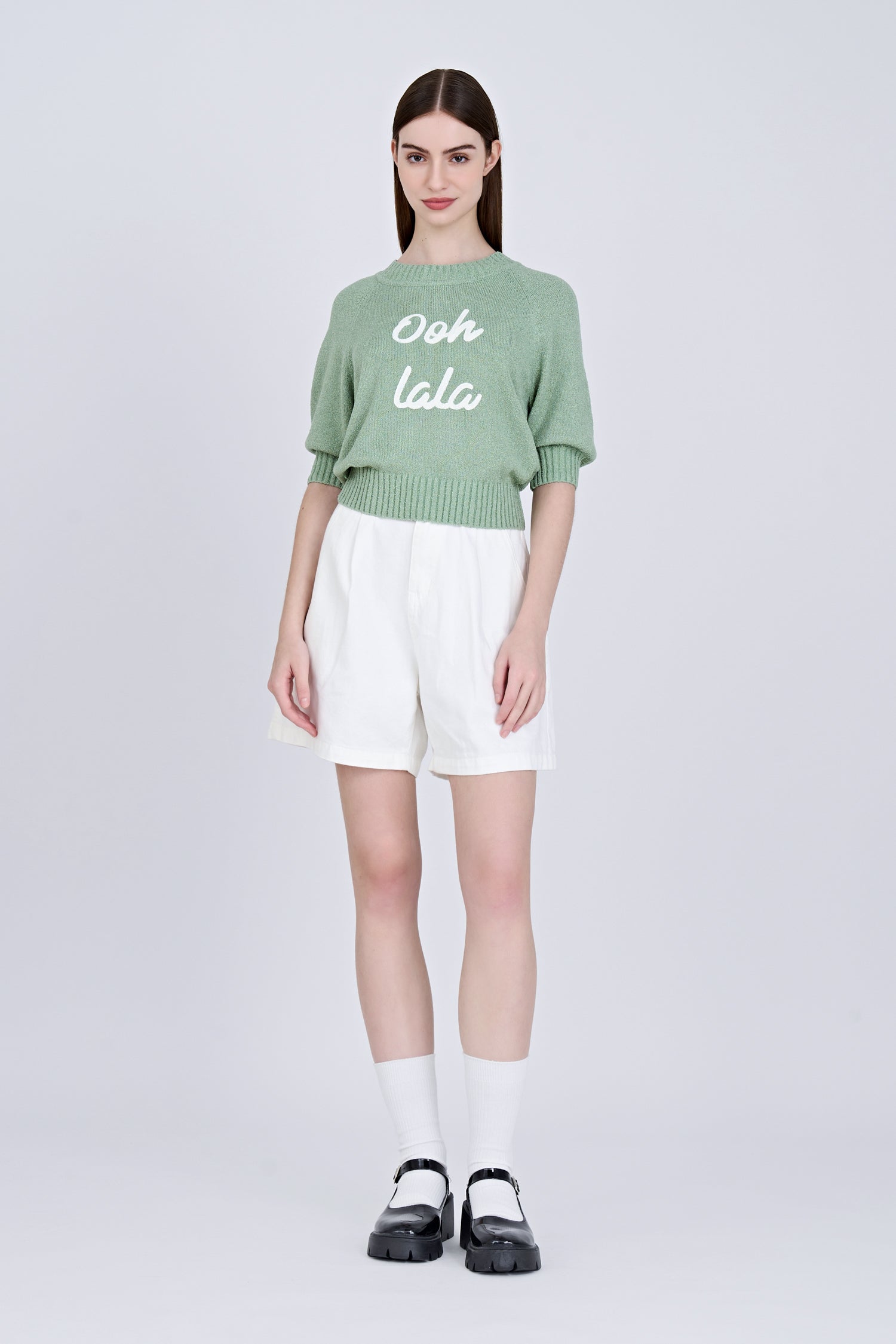 Textured Knitted Top w/ Embroidery Text - Pistachio