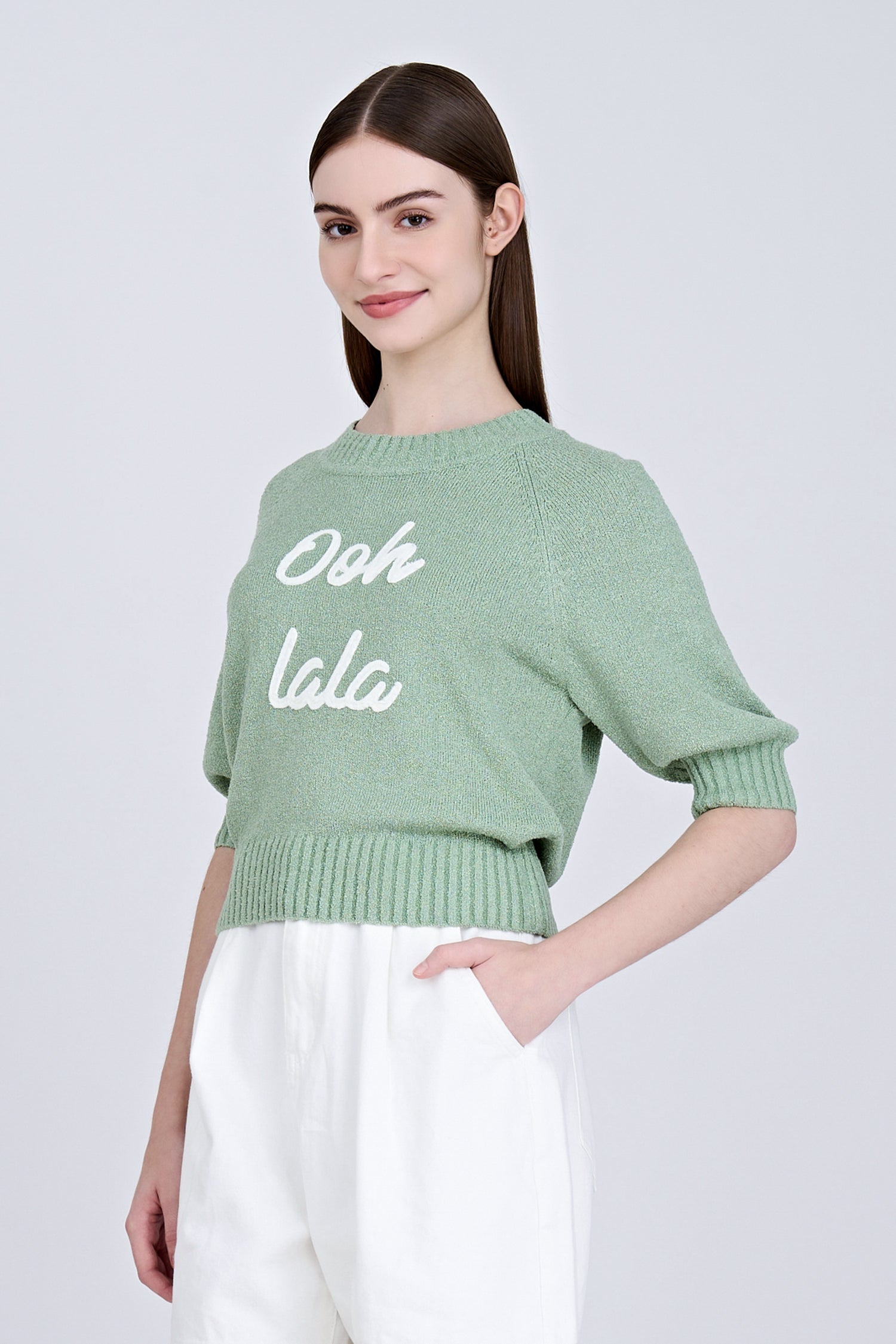 Textured Knitted Top w/ Embroidery Text - Pistachio